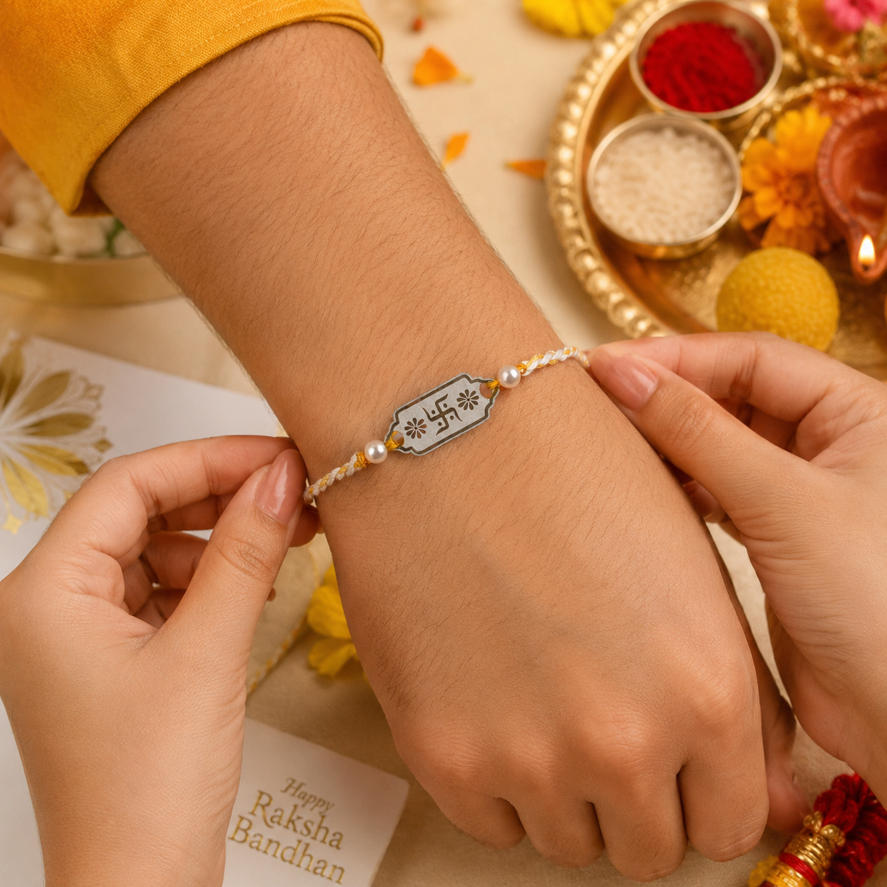 Hands tying 925 pure silver Swastik floral border pearl rakhi bracelet on brother wrist for Raksha Bandhan