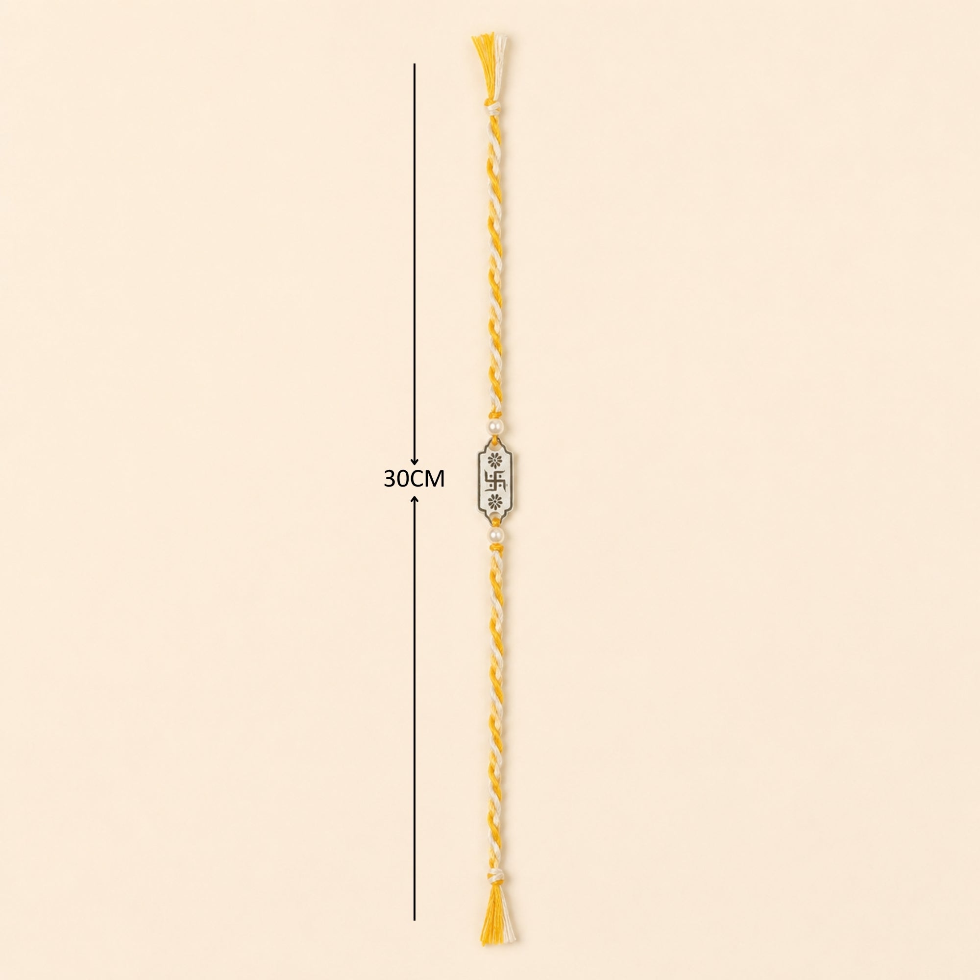 Full length layout showing thread length and dimensions of 925 silver Swastik floral border pearl rakhi