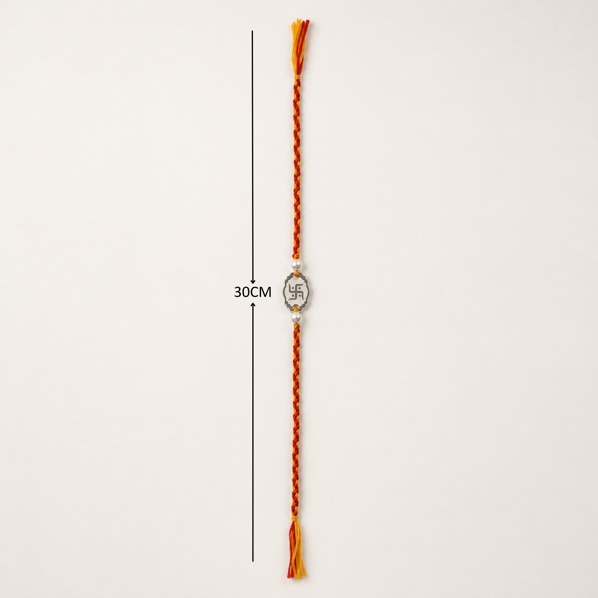 Full length layout showing thread length and dimensions of 925 pure silver Swastik pearl rakhi