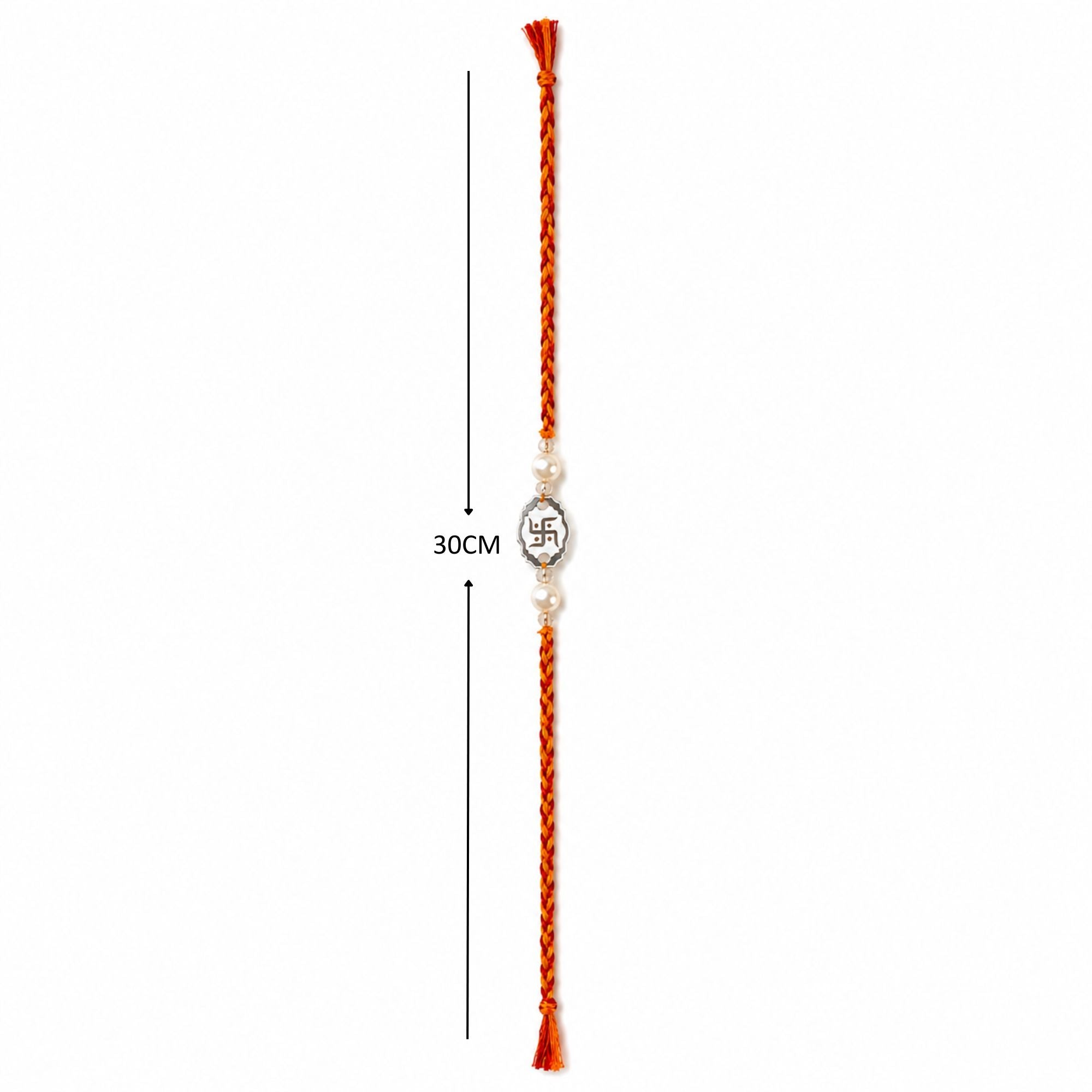 Full length layout showing thread length and dimensions of 925 silver Swastika oval pearl rakhi