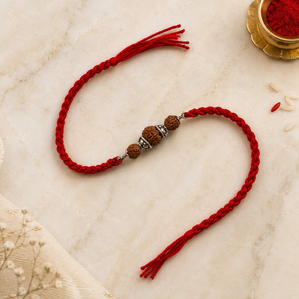 Pure silver capped three Rudraksha bead rakhi on traditional red braided thread layout