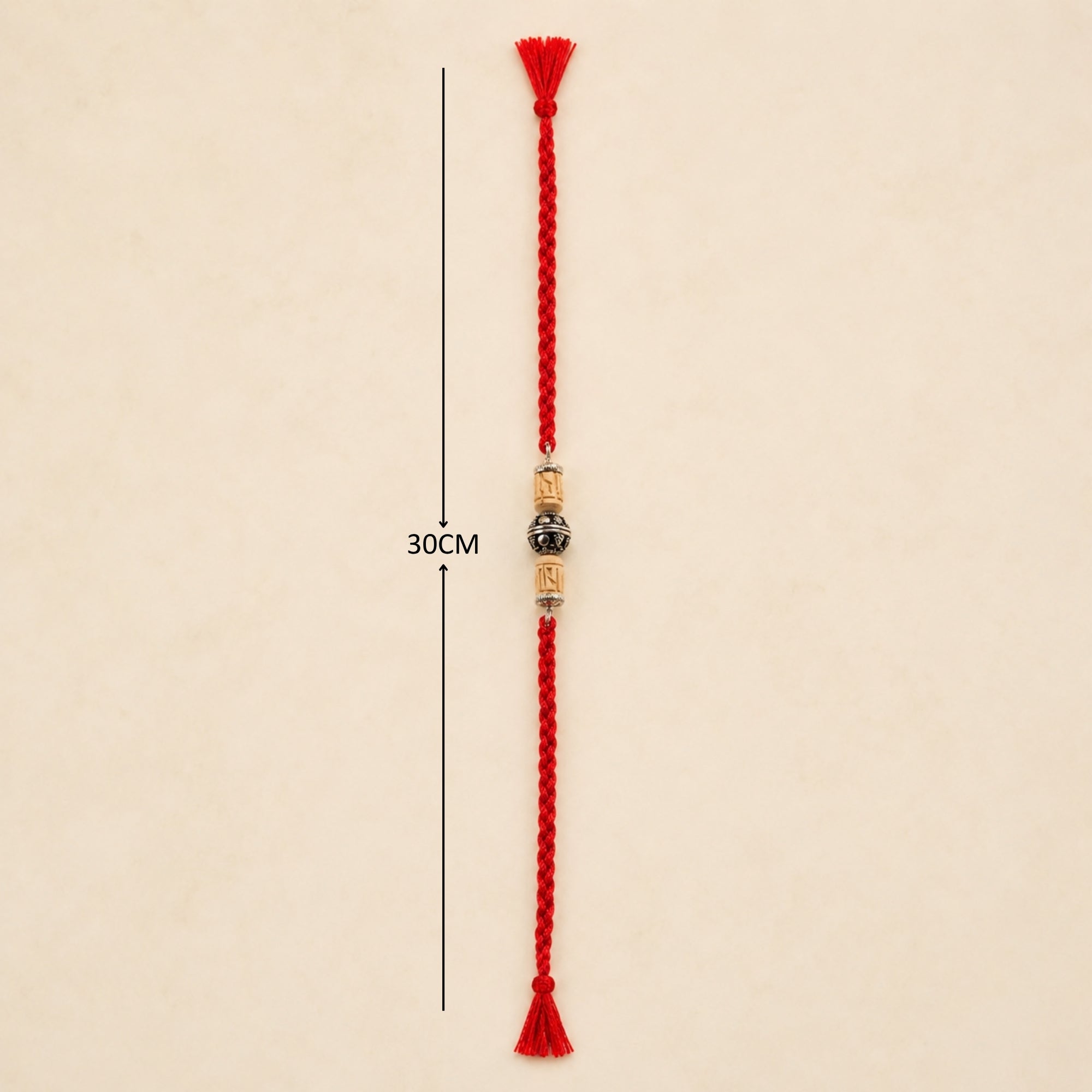 Full length layout showing red thread length and dimensions of 925 silver Tulsi bead rakhi