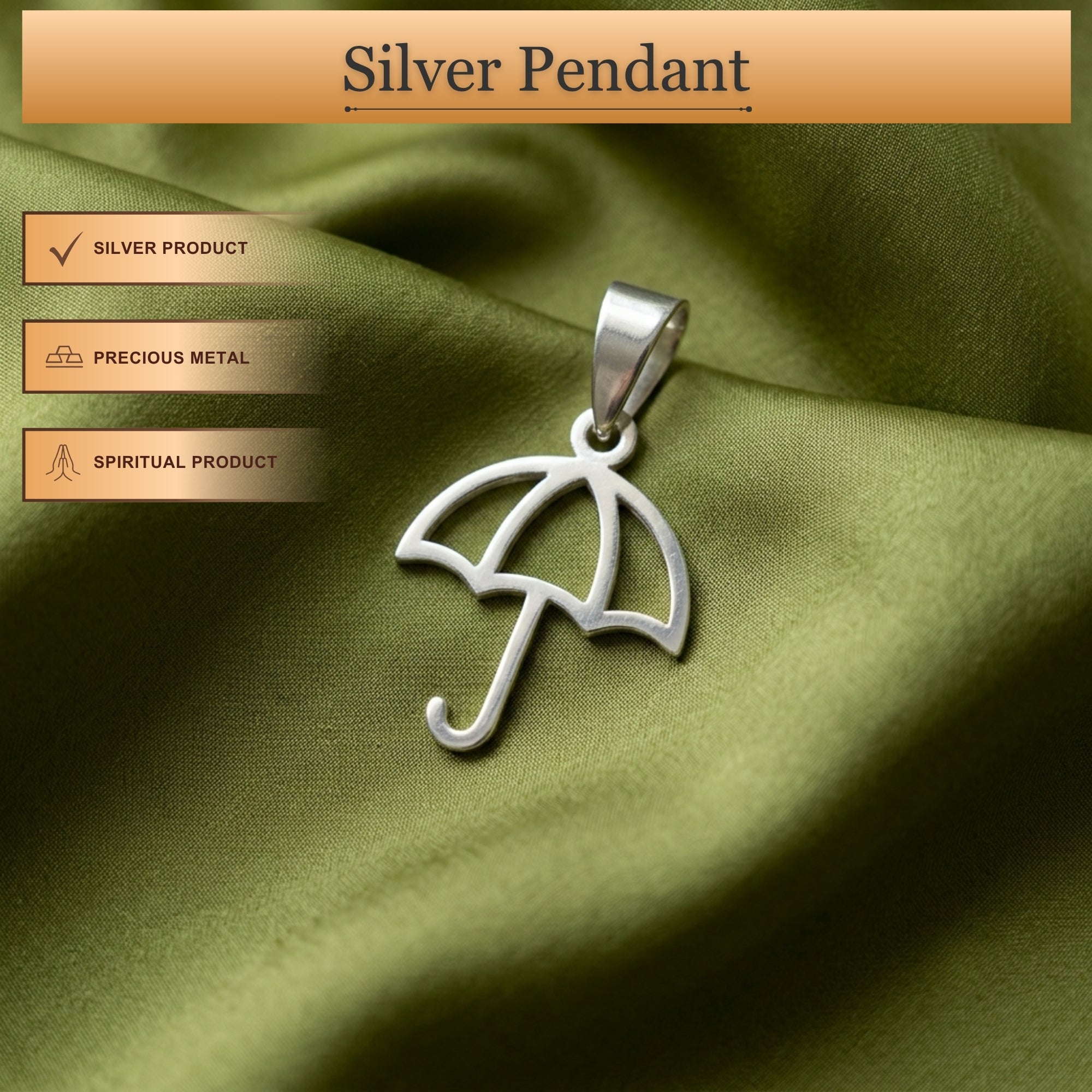 Infographic displaying features of 925 sterling silver aesthetic umbrella pendant for men and women