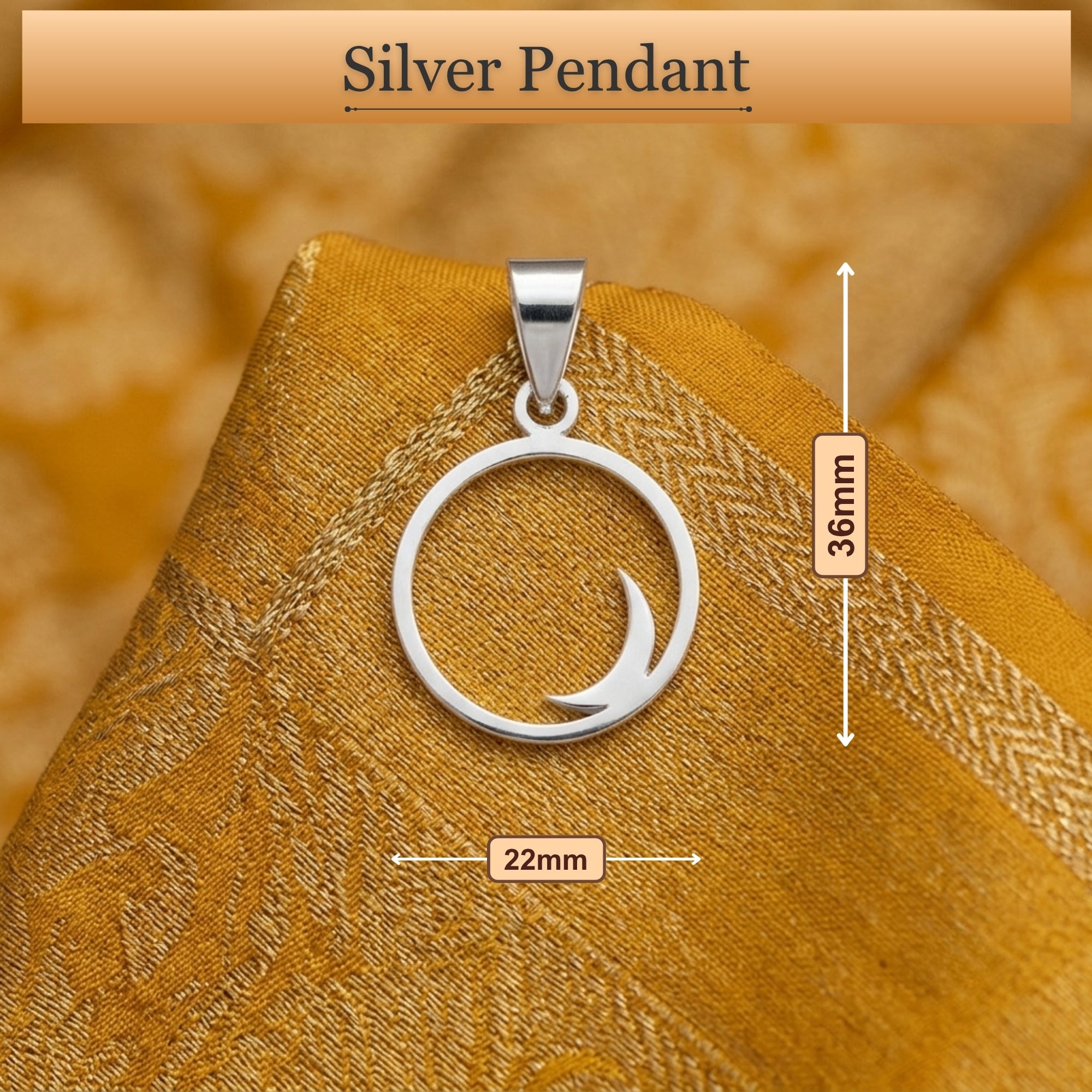 Dimension diagram showing size and measurement of 925 sterling silver crescent half moon pendant