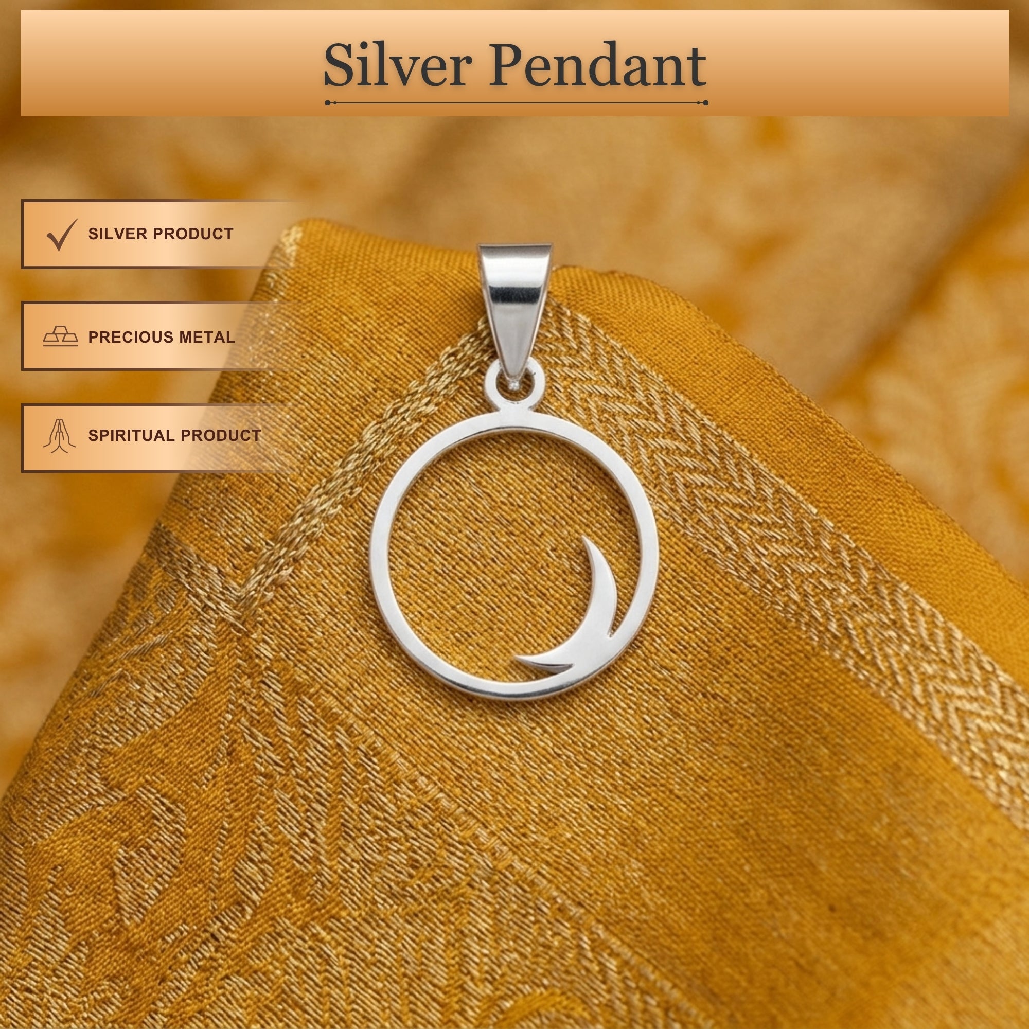 Infographic displaying features of 925 sterling silver crescent half moon pendant for men and women