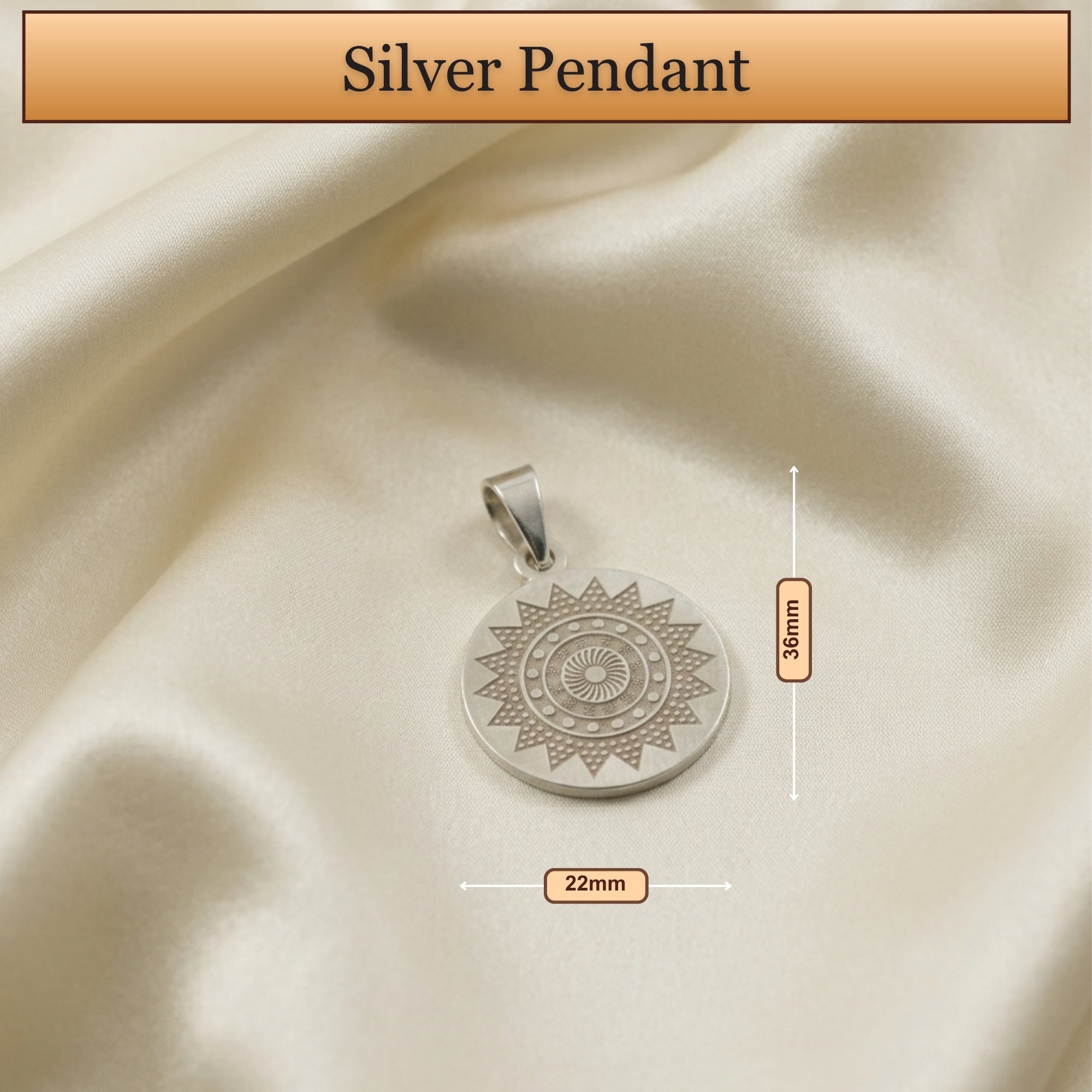 Dimension diagram showing size and measurement of 925 sterling silver divine Chakra disc pendant