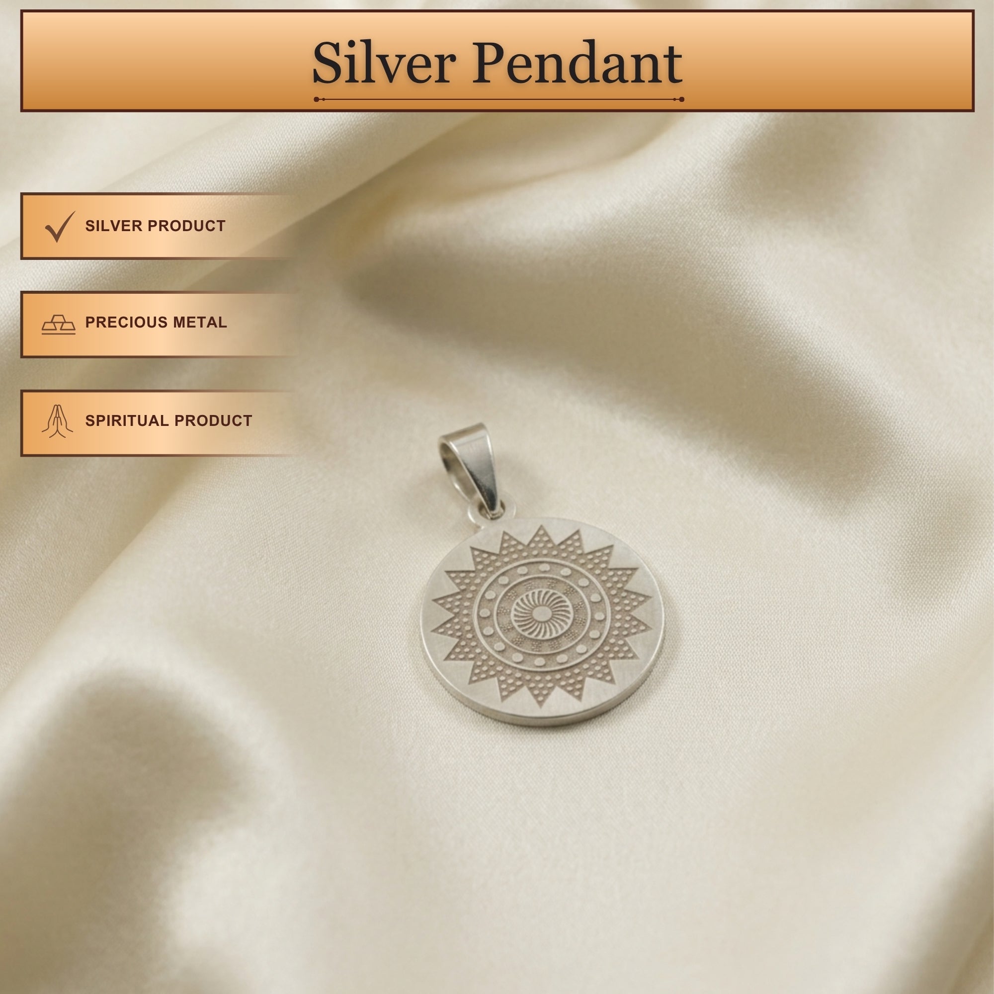 Infographic displaying features of 925 sterling silver divine Chakra disc pendant for men and women