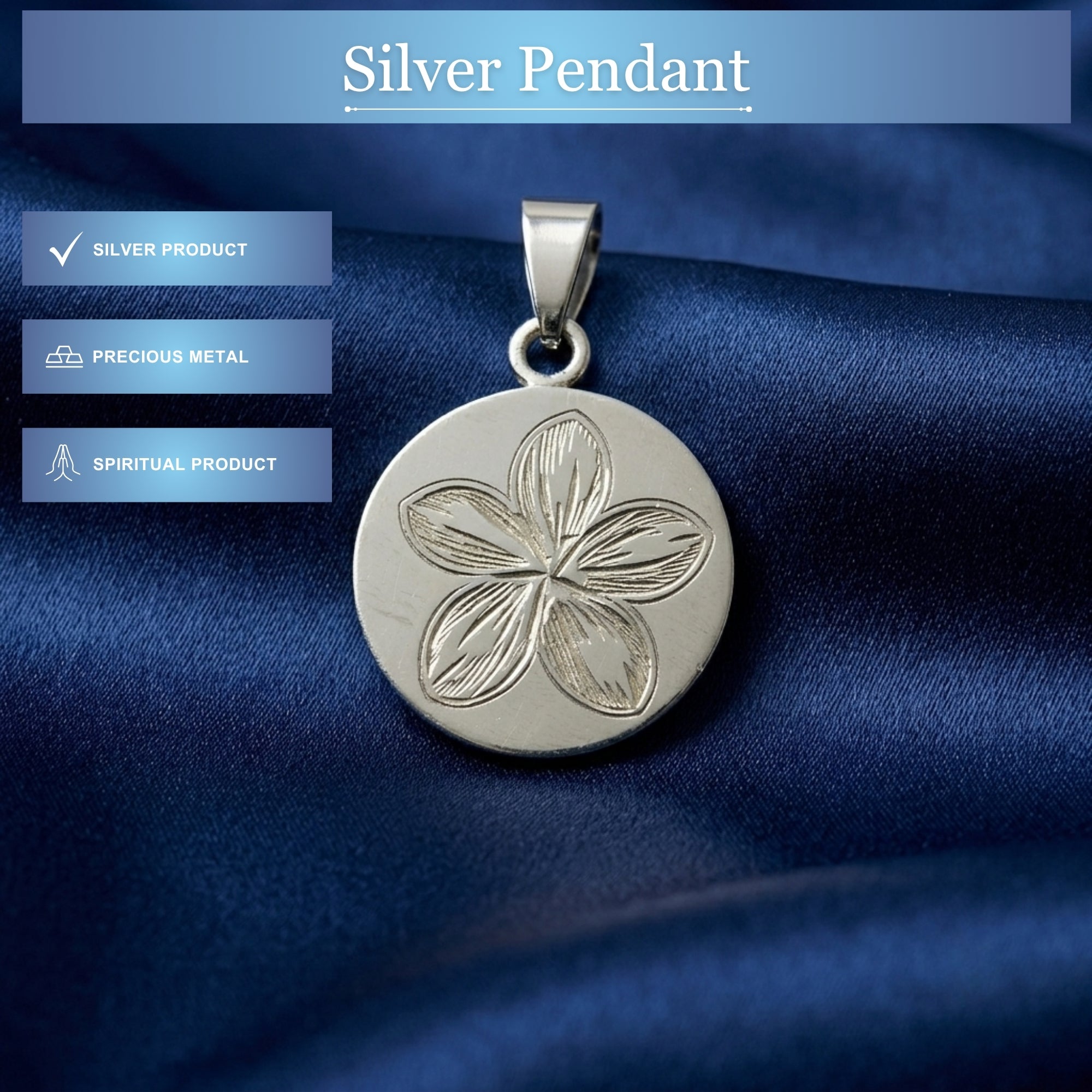 Infographic displaying features of 925 sterling silver engraved floral disc pendant for men and women