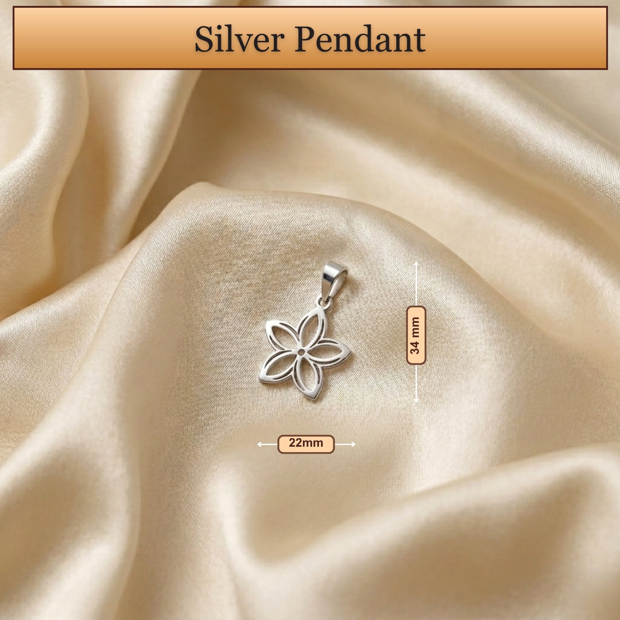 Dimension diagram showing size and measurement of 925 sterling silver flower petal pendant