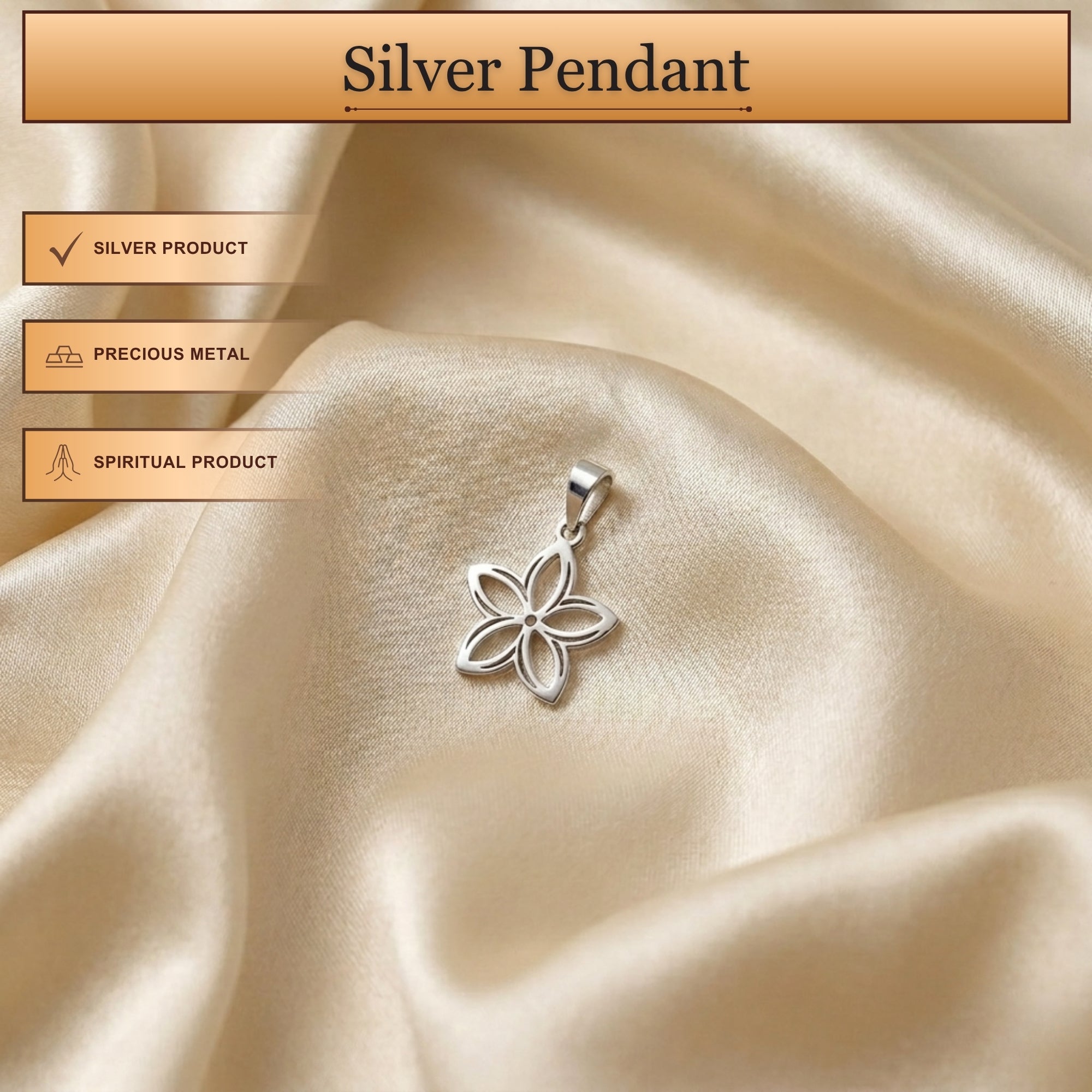 Infographic displaying features of 925 sterling silver flower petal pendant for men and women