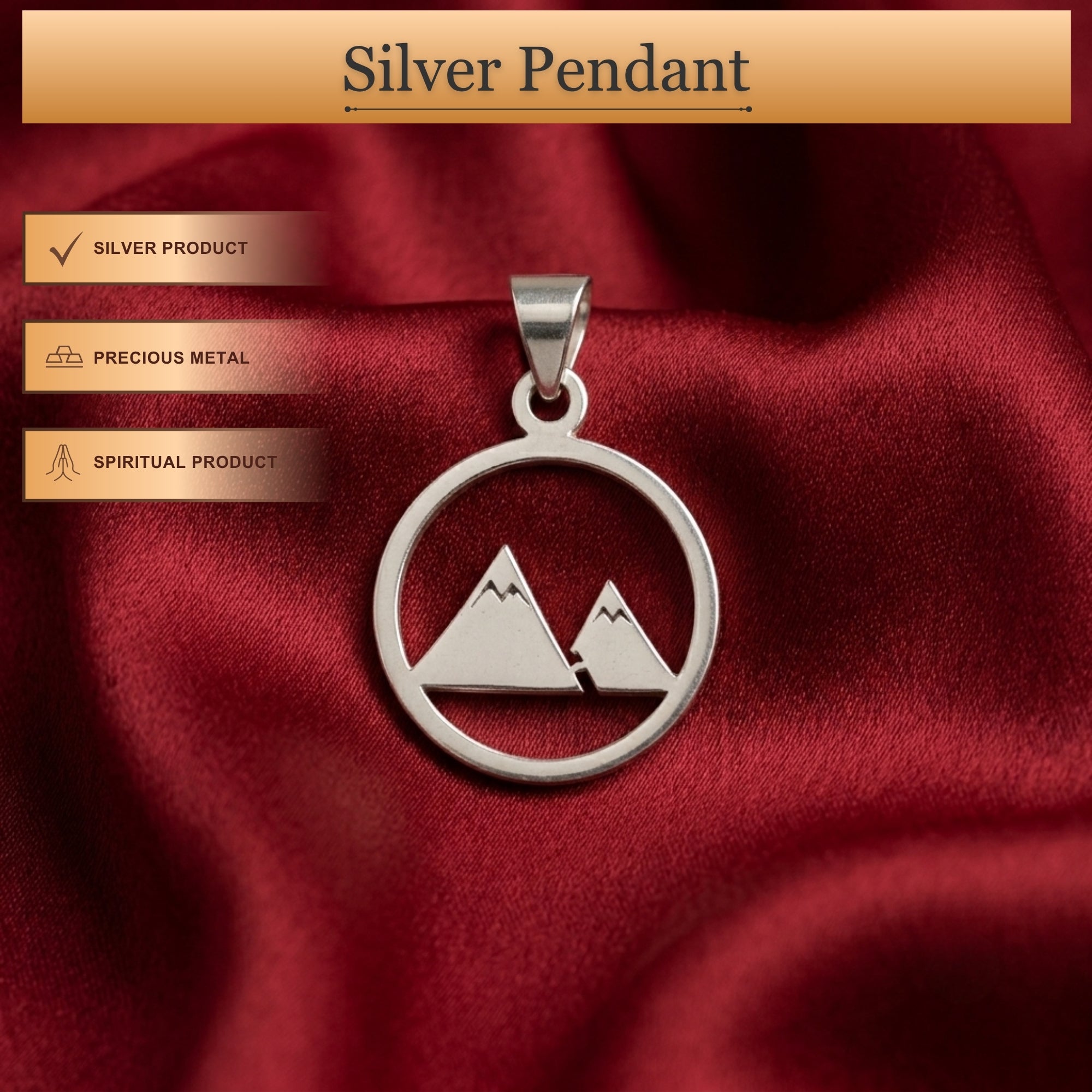 Infographic displaying features of 925 sterling silver mountain range pendant for men and women