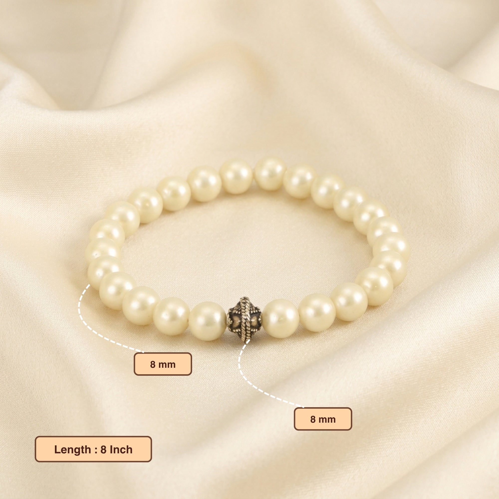 Dimension diagram showing size and measurement of 925 sterling silver natural white moti pearl bracelet