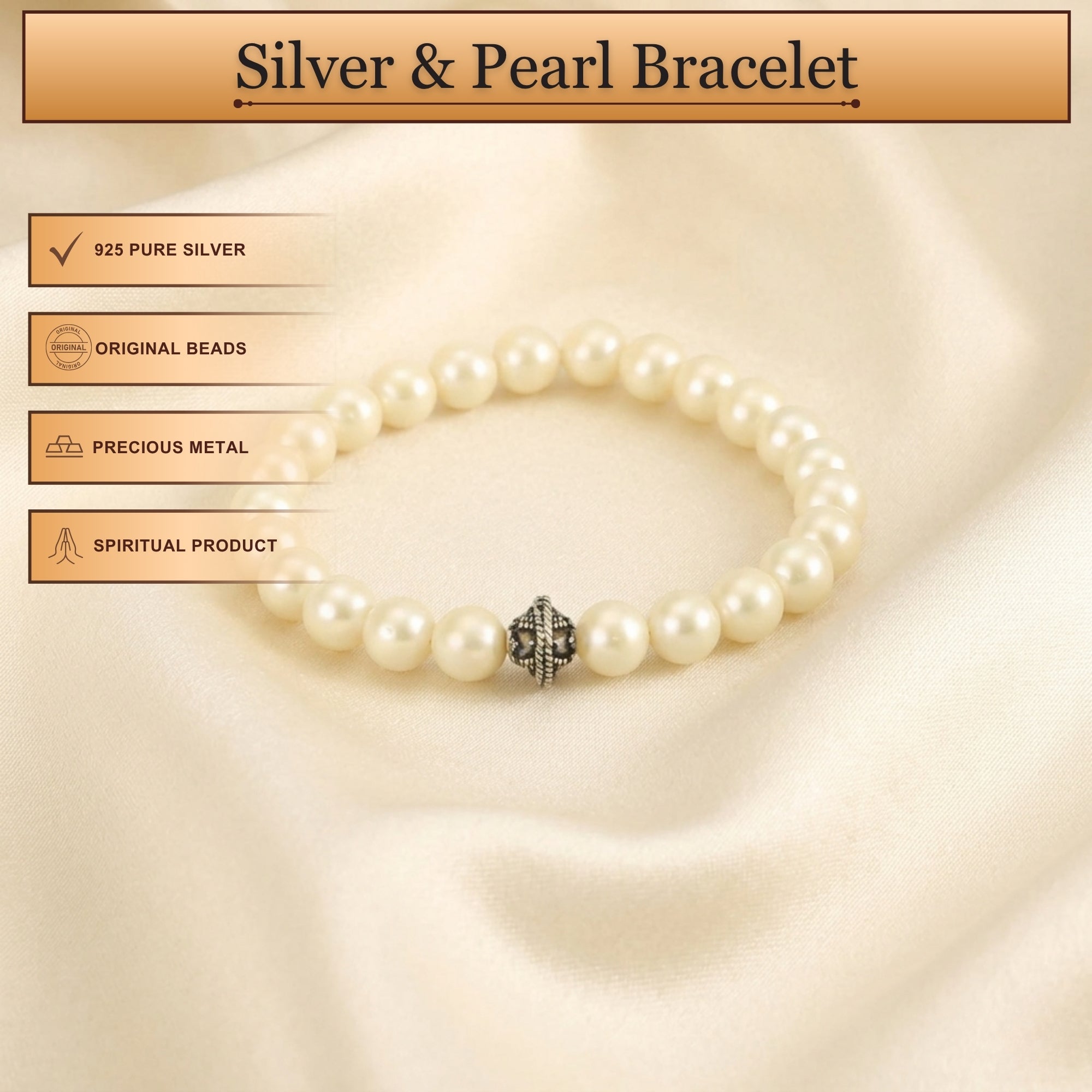 Infographic displaying features of 925 sterling silver natural white moti pearl bracelet for women
