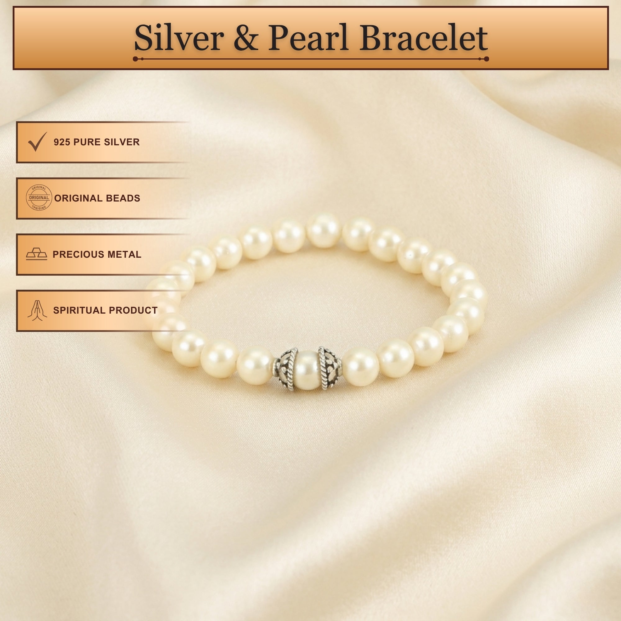 Infographic displaying features of 925 sterling silver natural white pearl bracelet for women