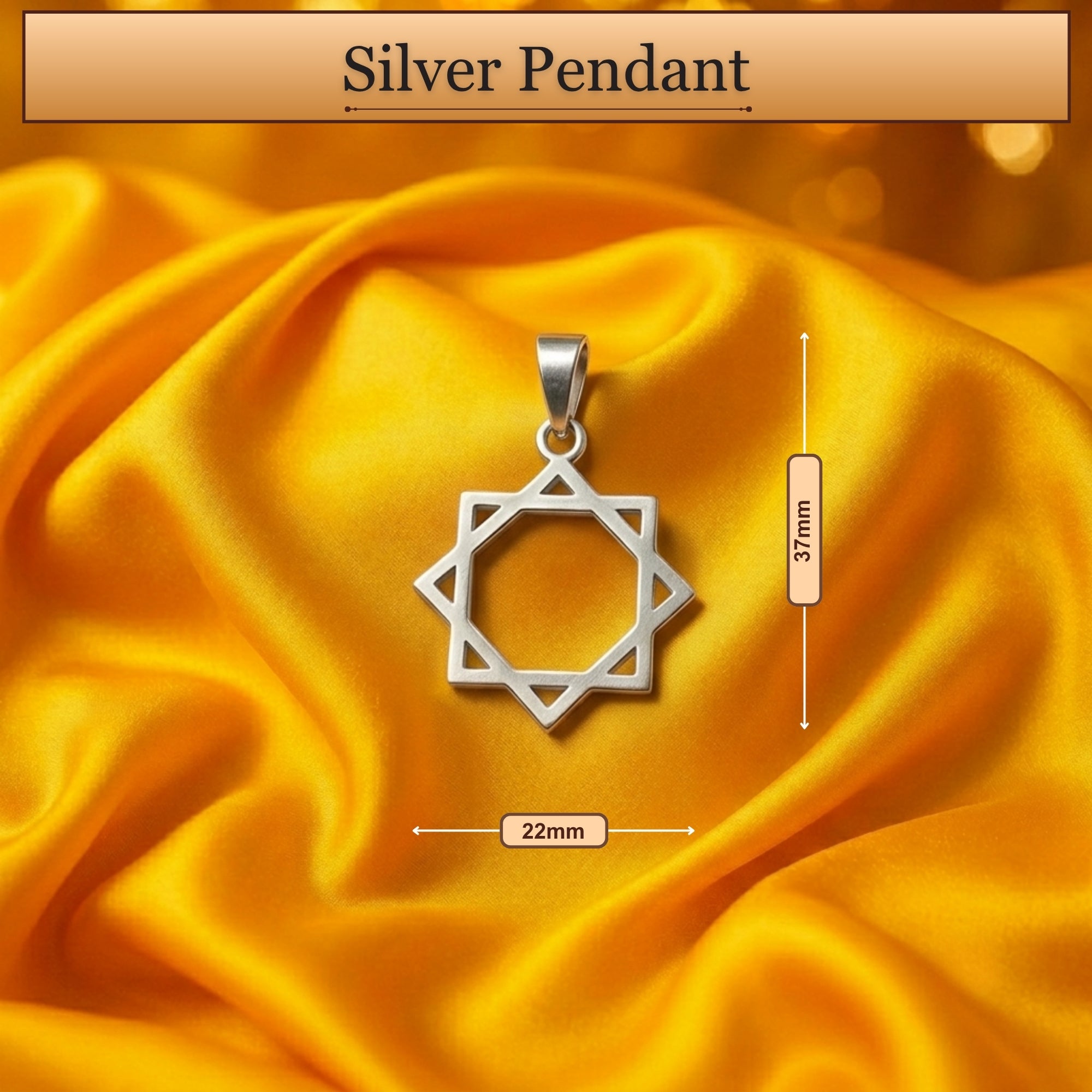 Dimension diagram showing size and measurement of 925 sterling silver geometric Octagram star pendant