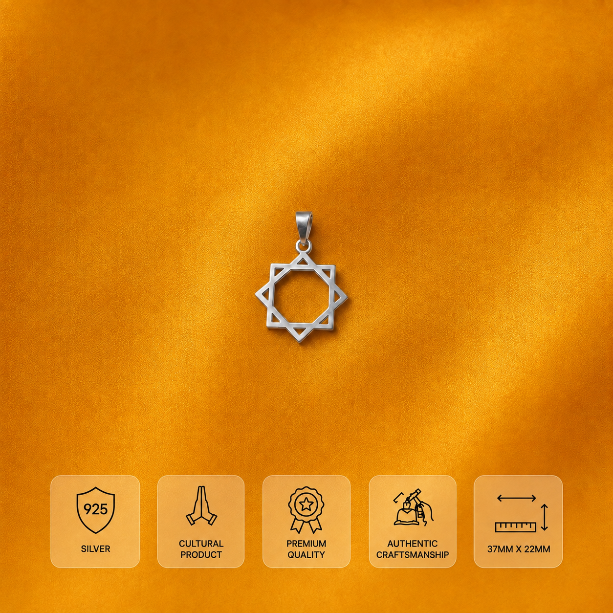 Infographic displaying features of 925 sterling silver geometric Octagram star pendant for men and women