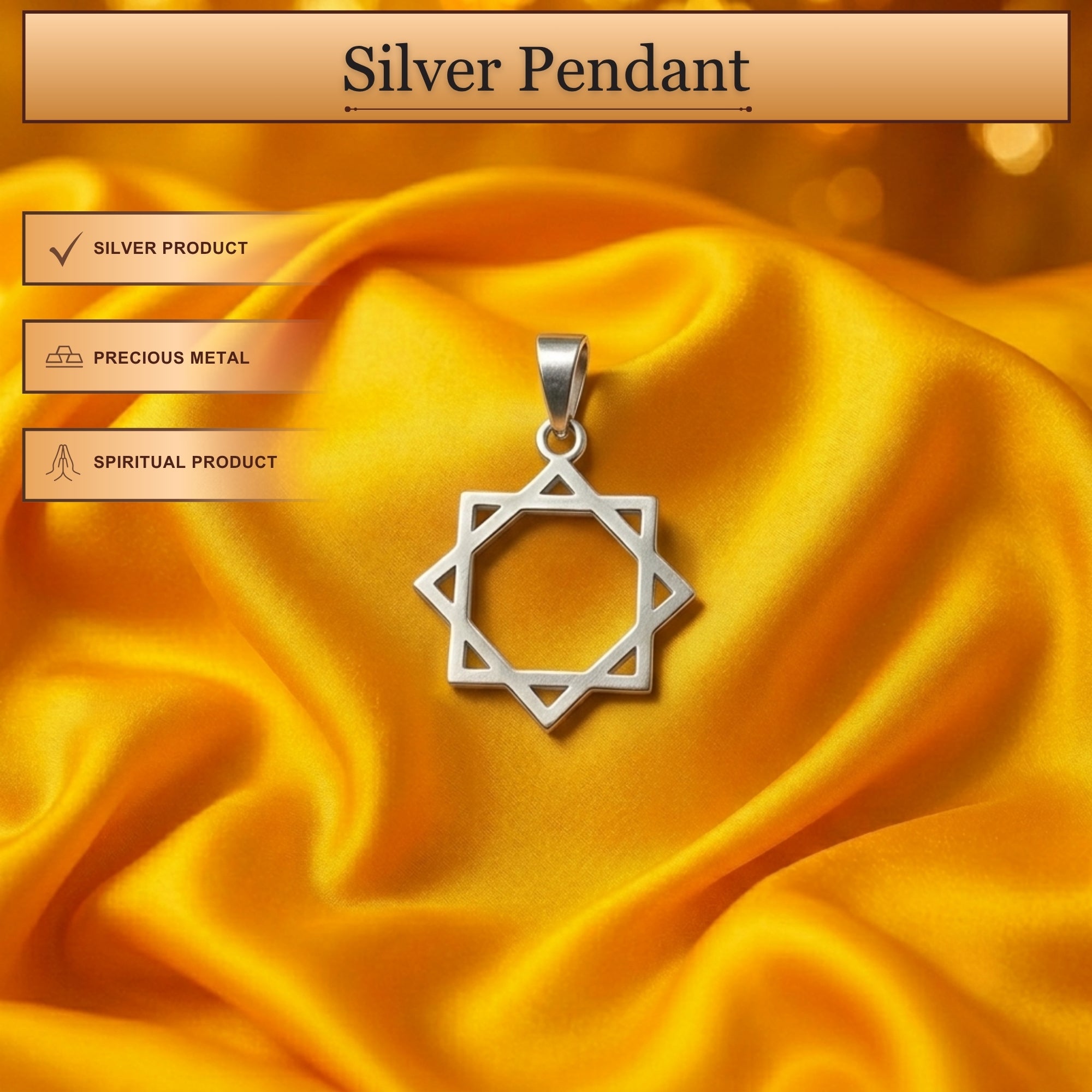 Infographic displaying features of 925 sterling silver geometric Octagram star pendant for men and women