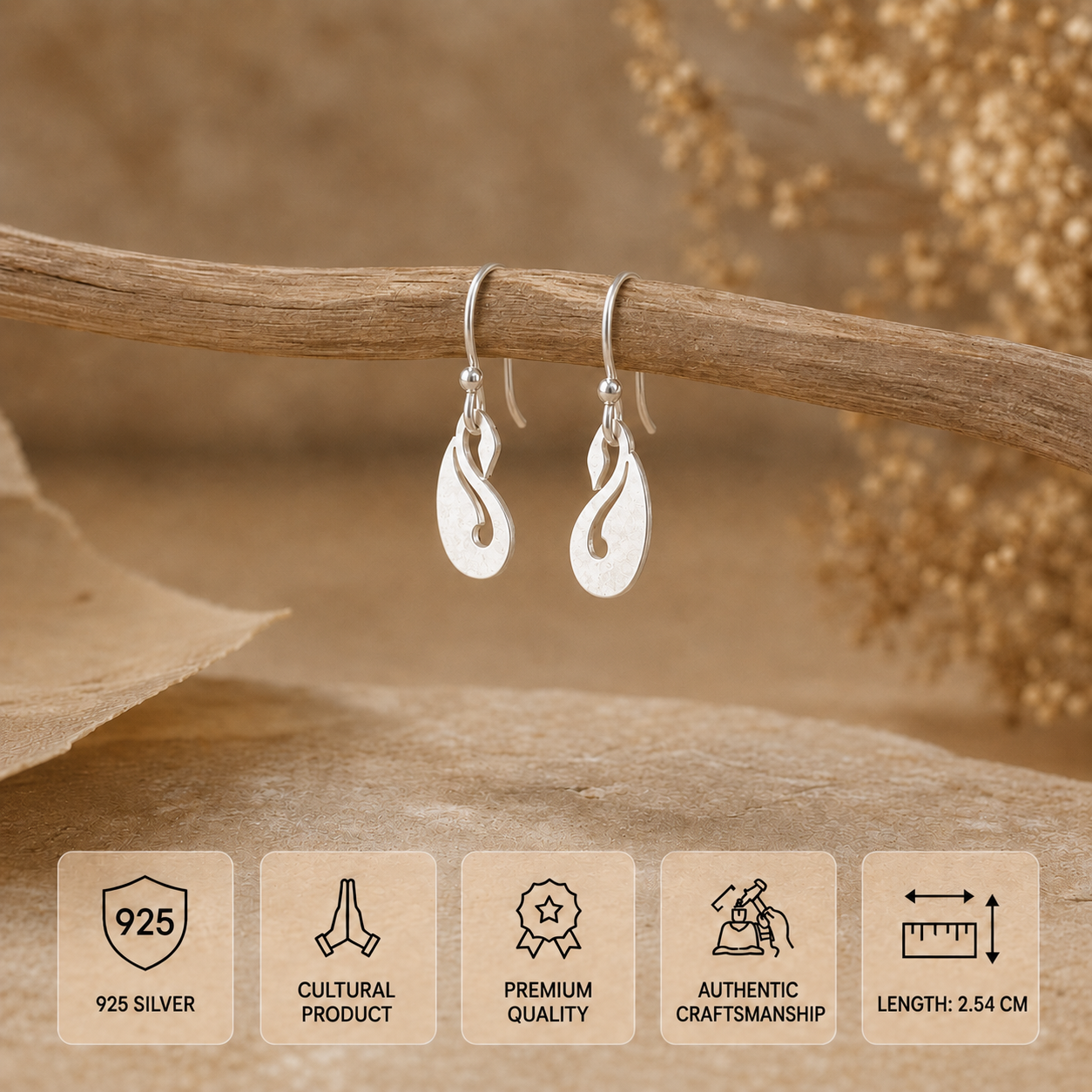 Infographic displaying features of 925 sterling silver peacock drop wire hook earrings