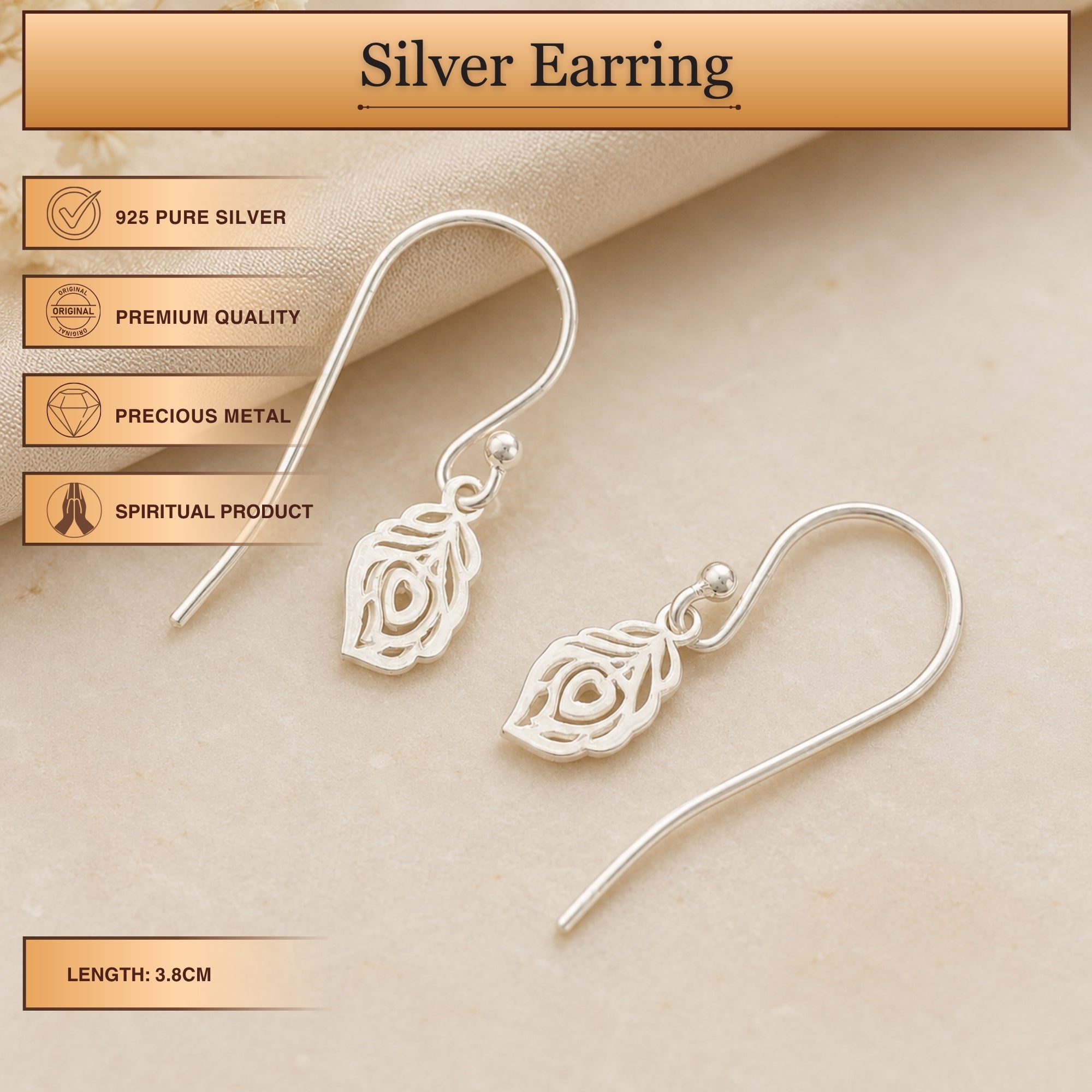 Infographic displaying features of 925 sterling silver peacock feather wire hook earrings