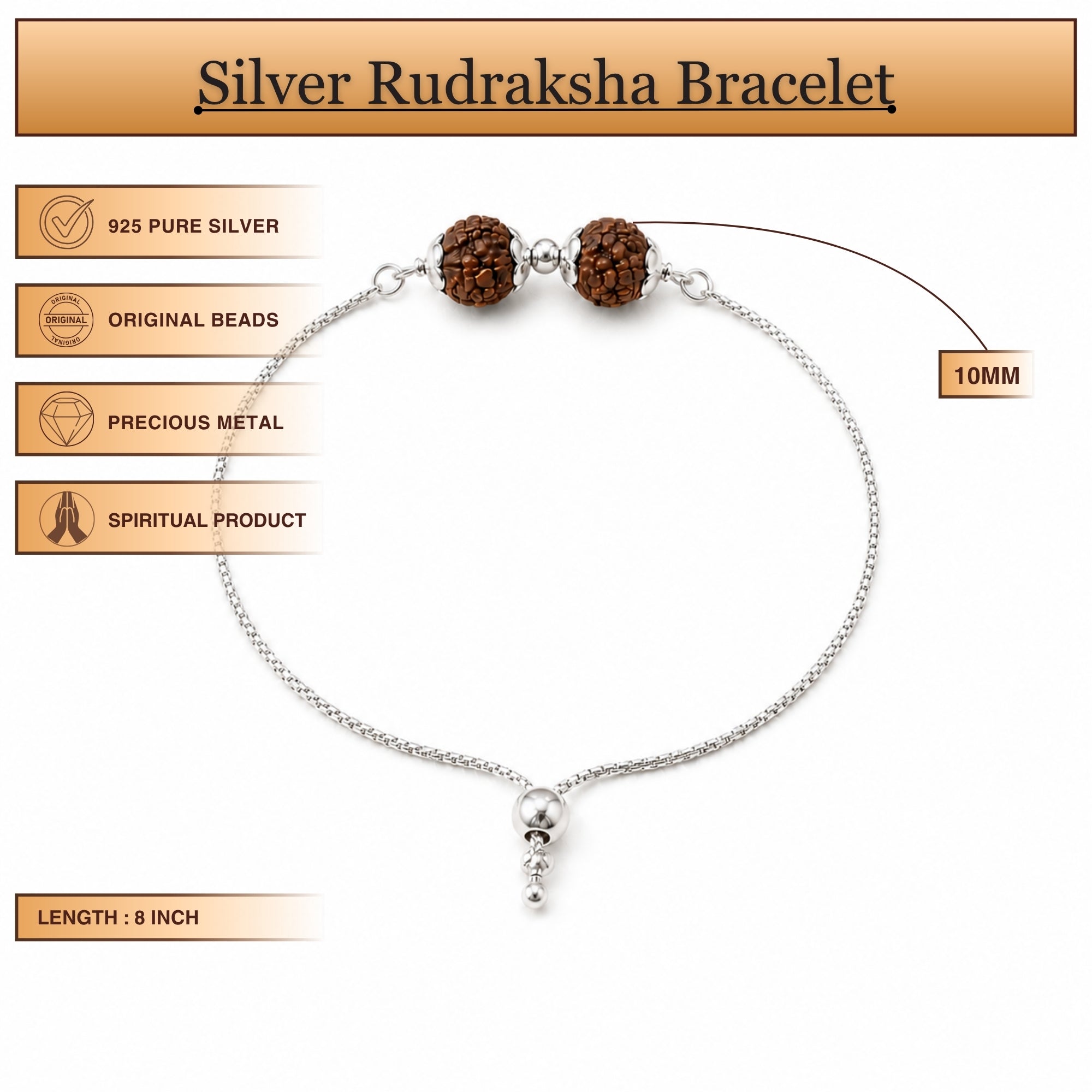 Infographic displaying features of 925 sterling silver natural Rudraksha bead chain bracelet