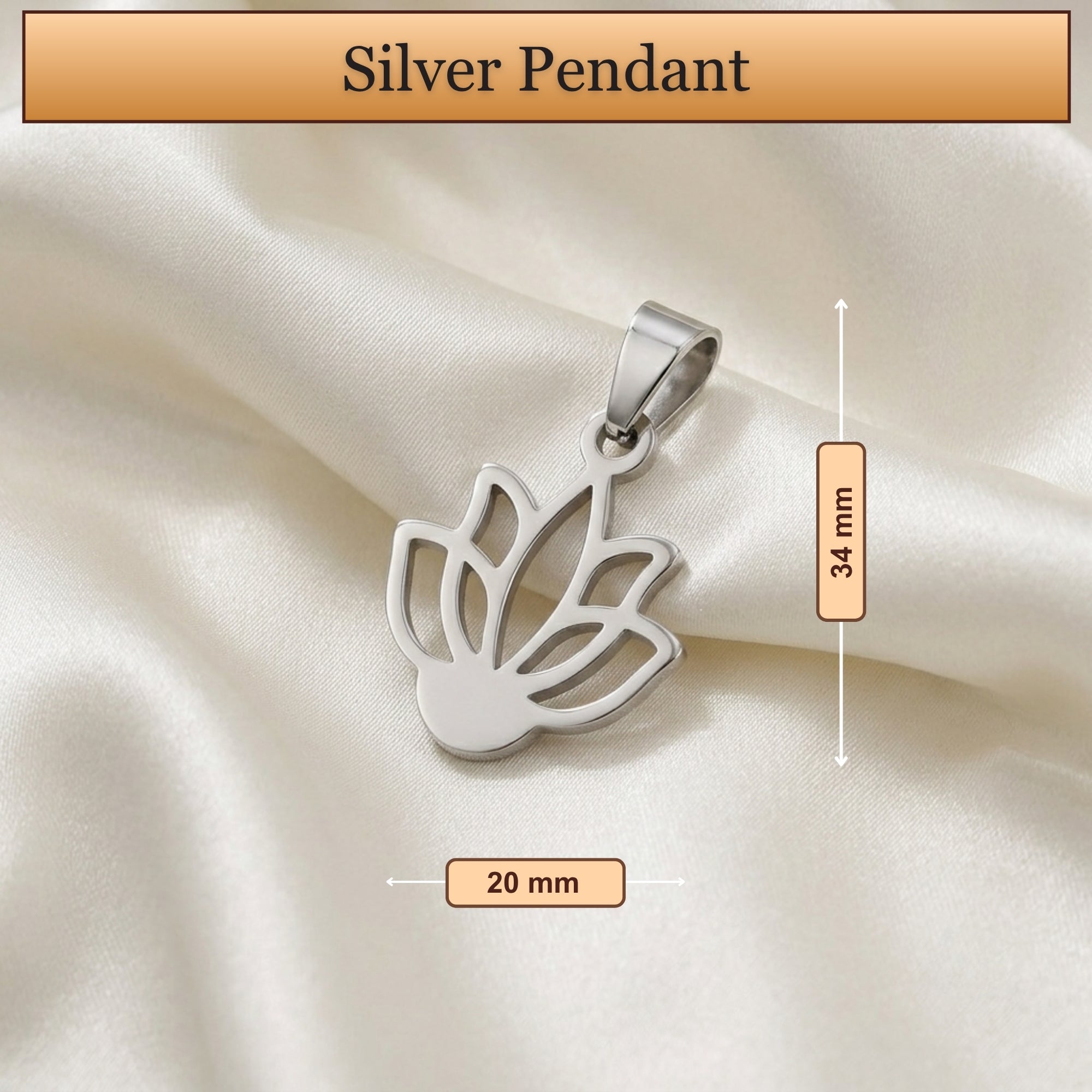 Dimension diagram showing size and measurement of 925 sterling silver sacred lotus flower pendant