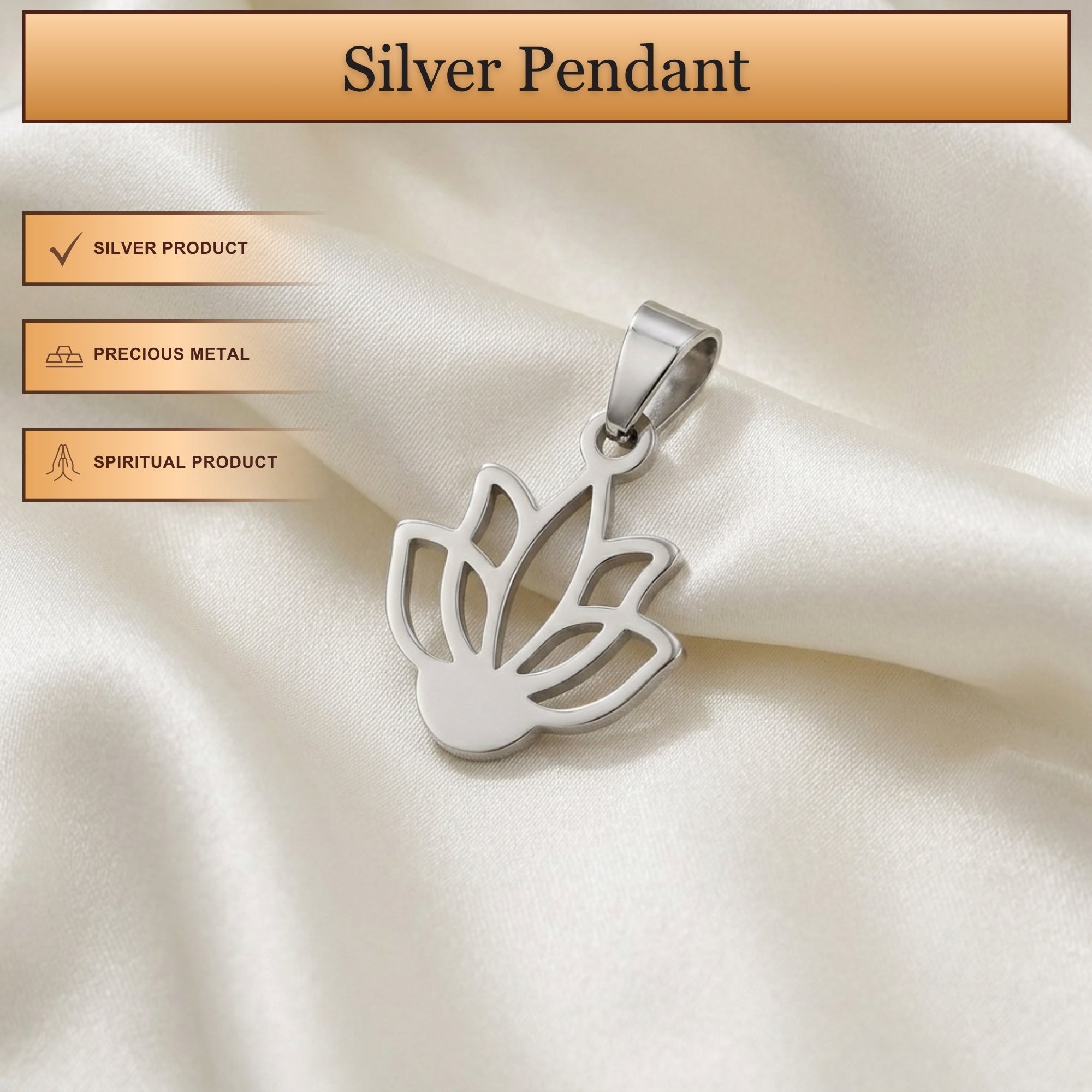 Infographic displaying features of 925 sterling silver sacred lotus flower pendant for men and women