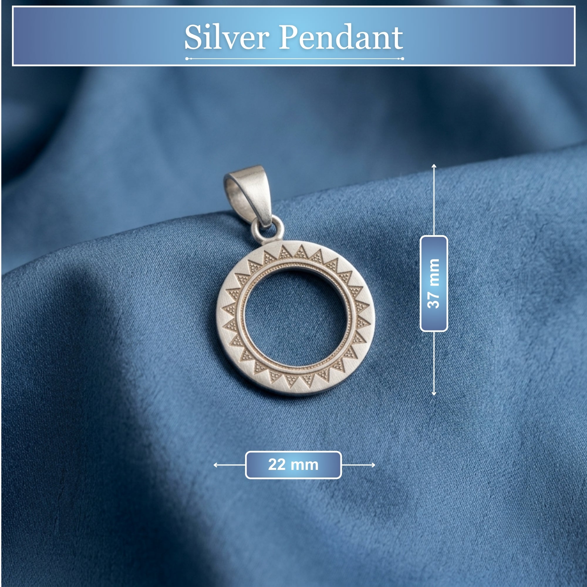 Dimension diagram showing size and measurement of 925 sterling silver timeless Chakra halo pendant