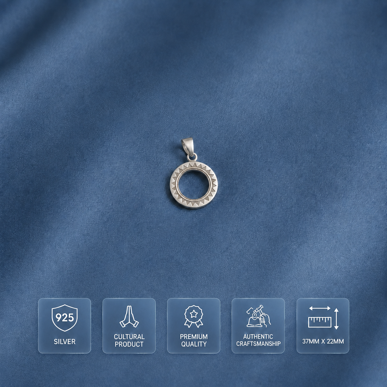 Infographic displaying features of 925 sterling silver timeless Chakra halo pendant for men and women