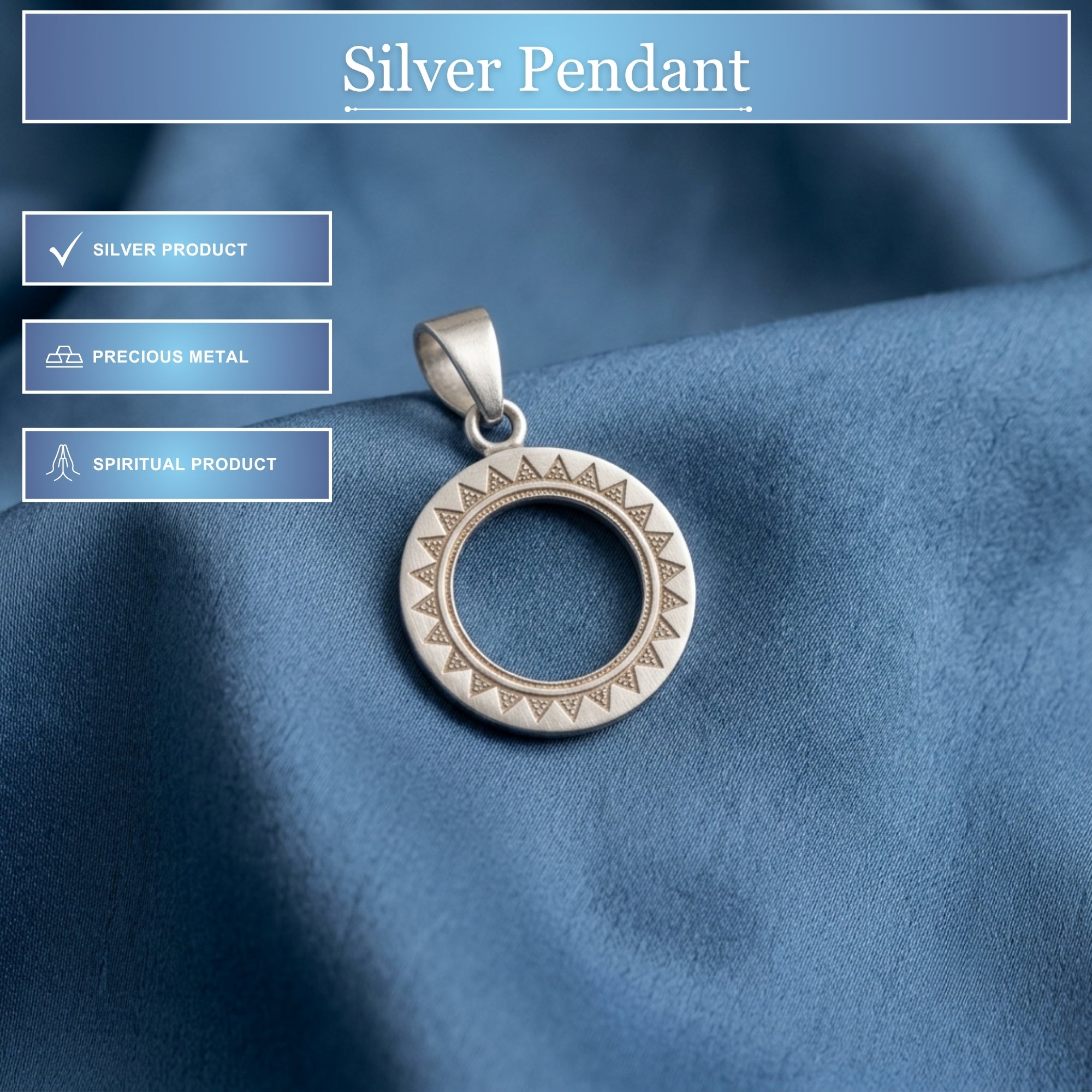 Infographic displaying features of 925 sterling silver timeless Chakra halo pendant for men and women
