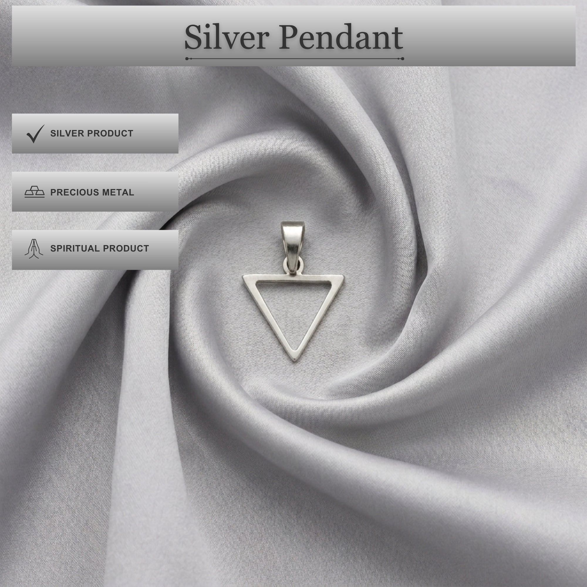 Infographic displaying features of 925 sterling silver triangle pendant for men and women