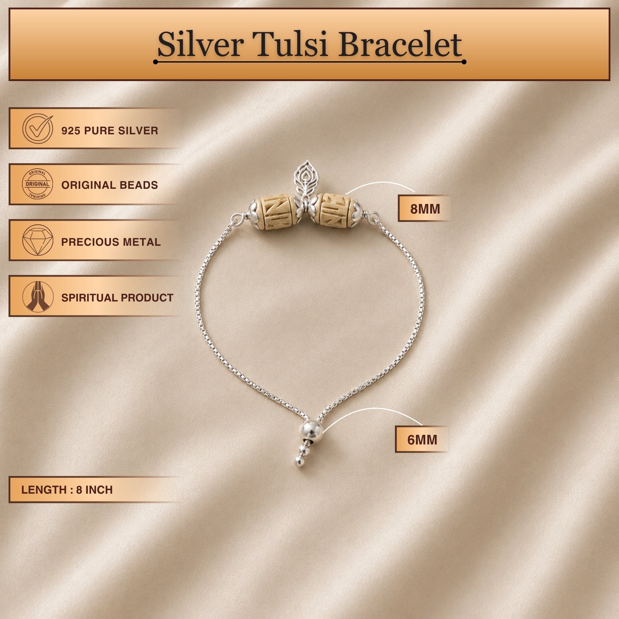 Infographic displaying features of 925 sterling silver natural Tulsi bead bracelet