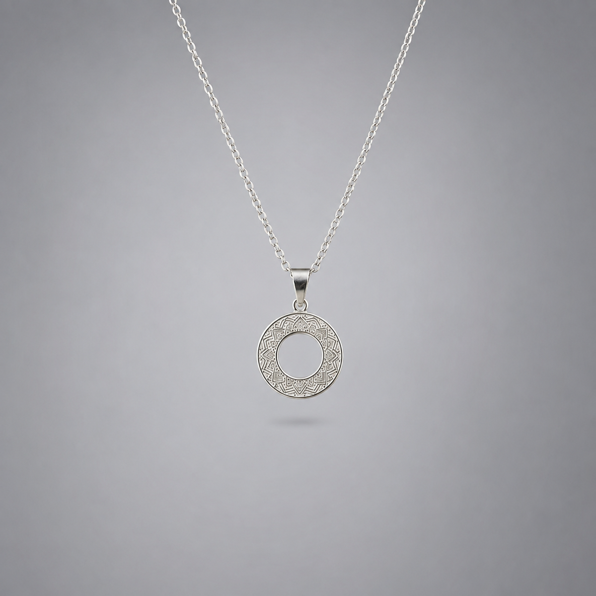 925 sterling silver two circle sky medallion pendant for men and women displayed on fine silver chain