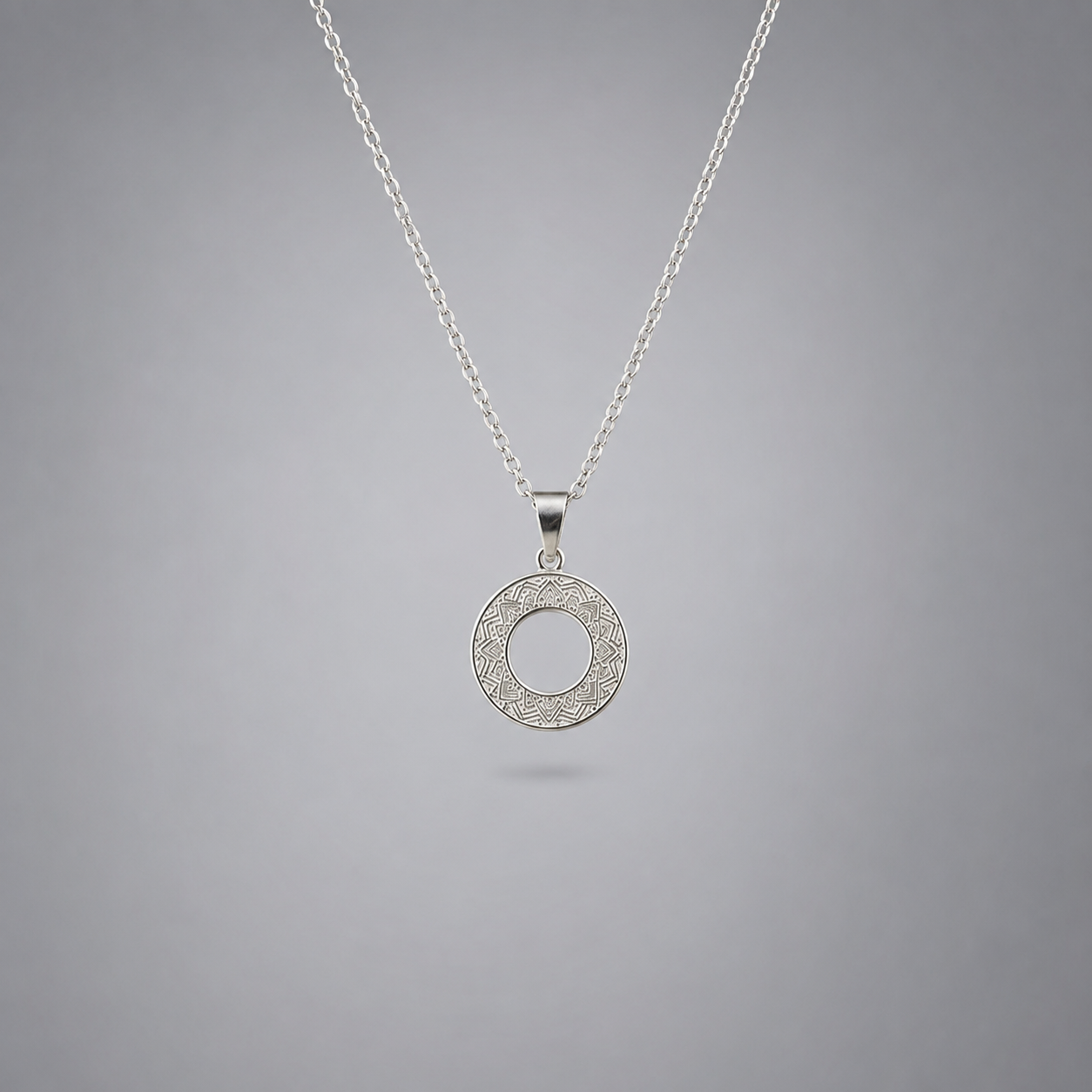 925 sterling silver two circle sky medallion pendant for men and women displayed on fine silver chain