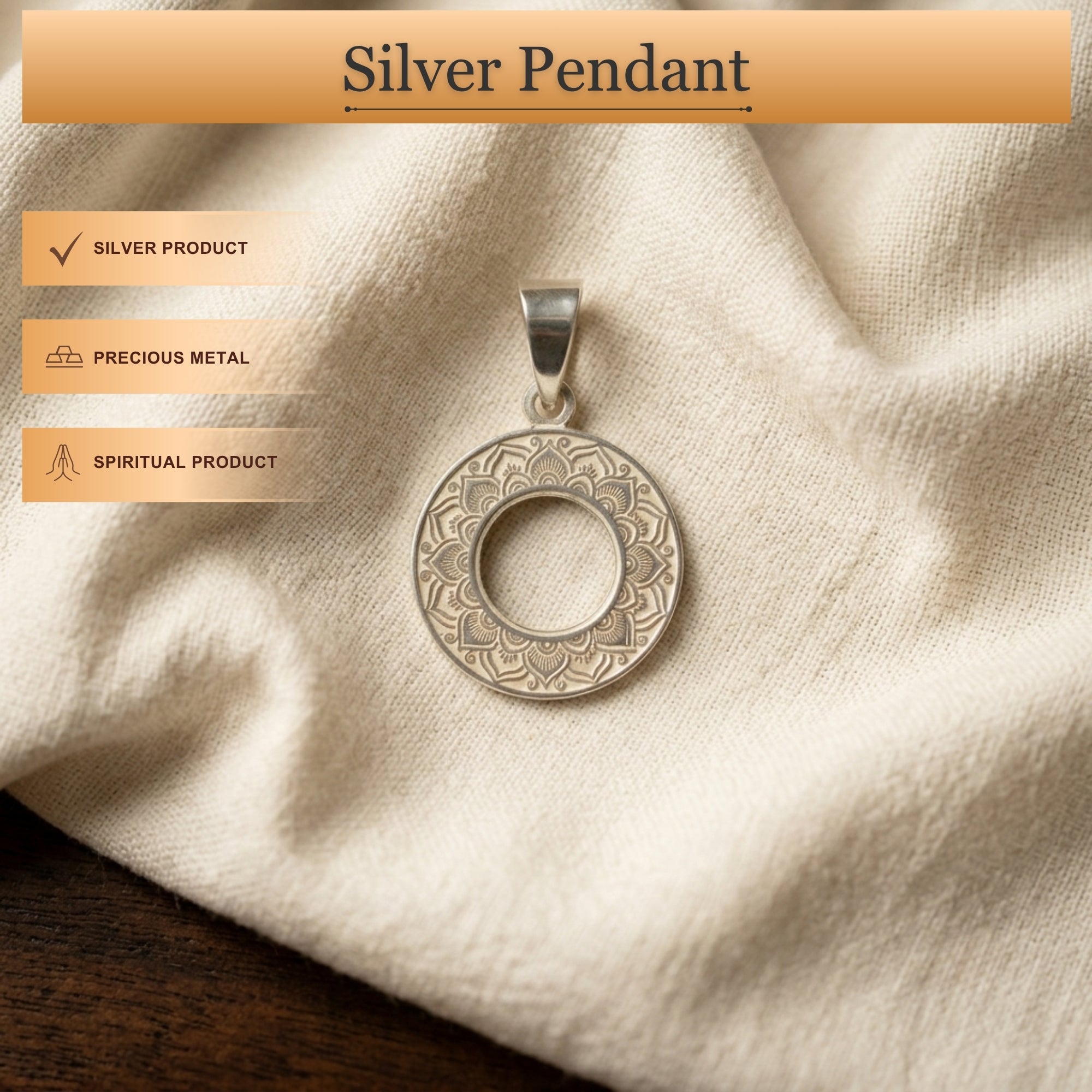 Infographic displaying features of 925 sterling silver two circle sky medallion pendant for men and women