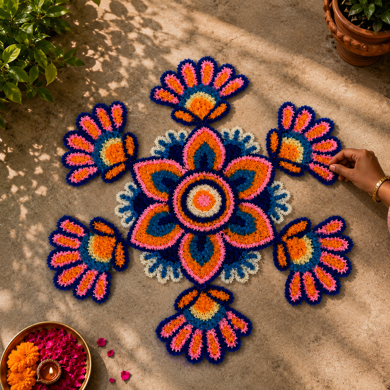 Handmade Reusable Floral Floor Rangoli Mat in royal blue and orange placed on floor with diyas