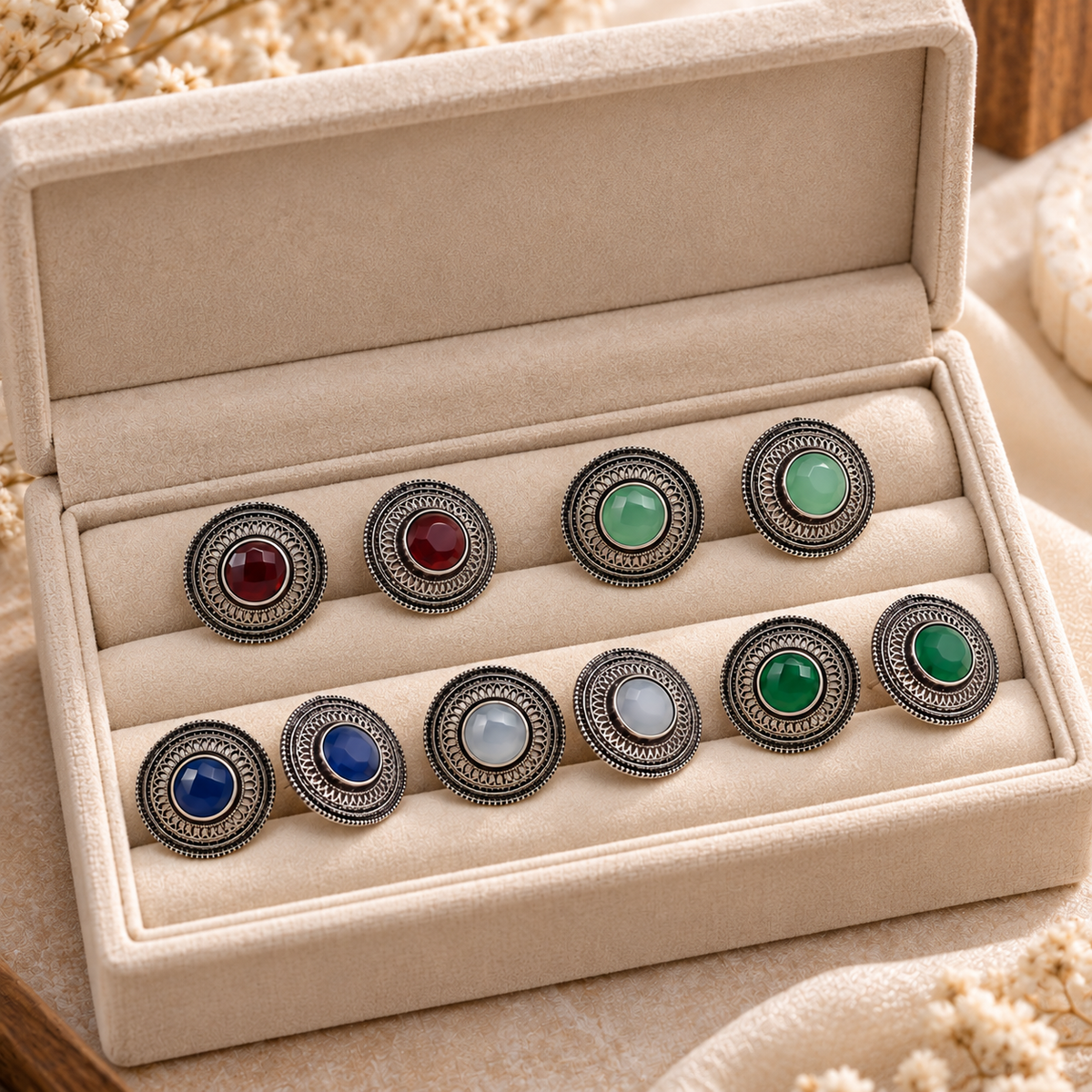 Antique finish imitation jewellery stud earrings set with multicolor stones in marron, green, blue and white, displayed in a velvet jewellery box