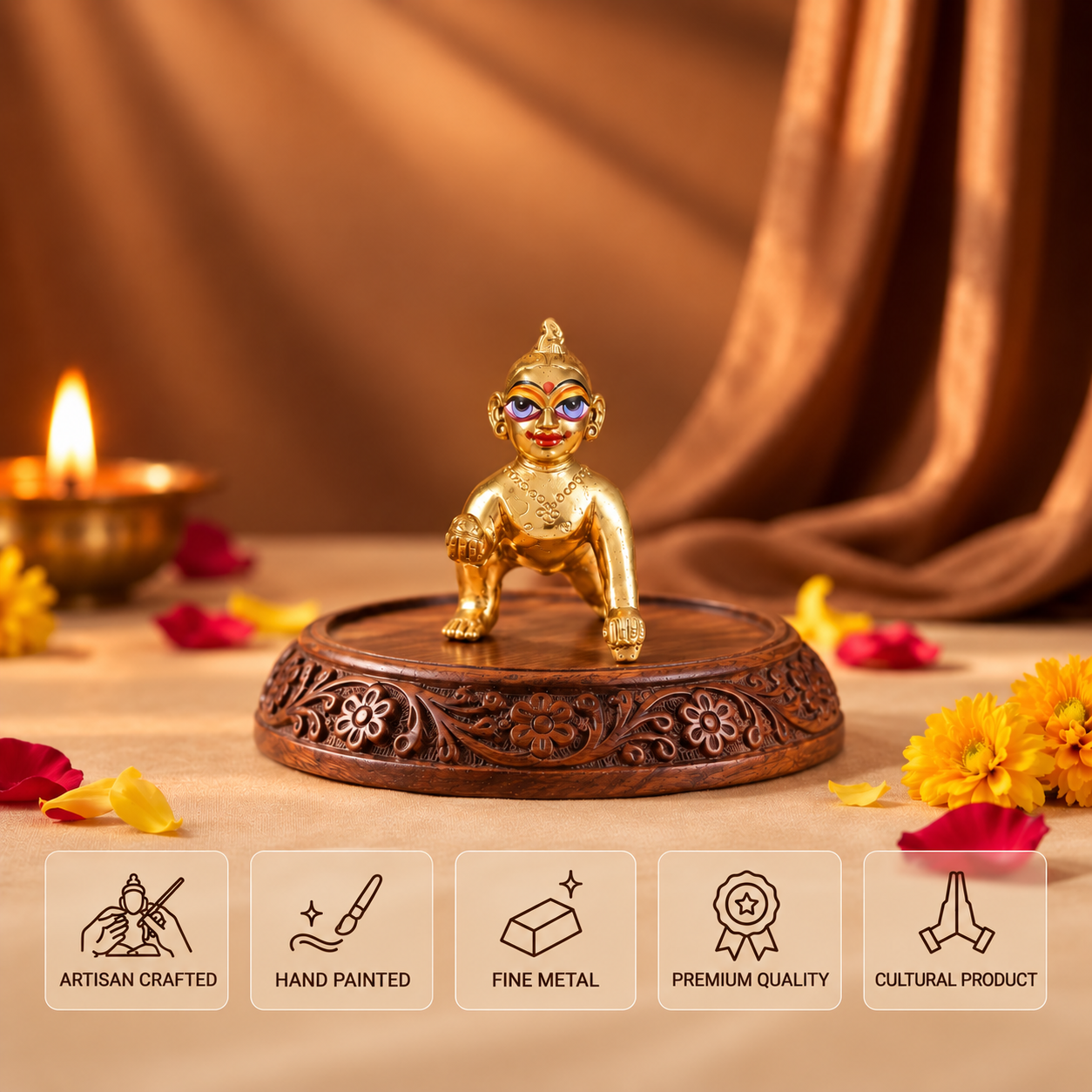 Radha Rani Idol features like hand painted, fine metal, premium quality mentioned