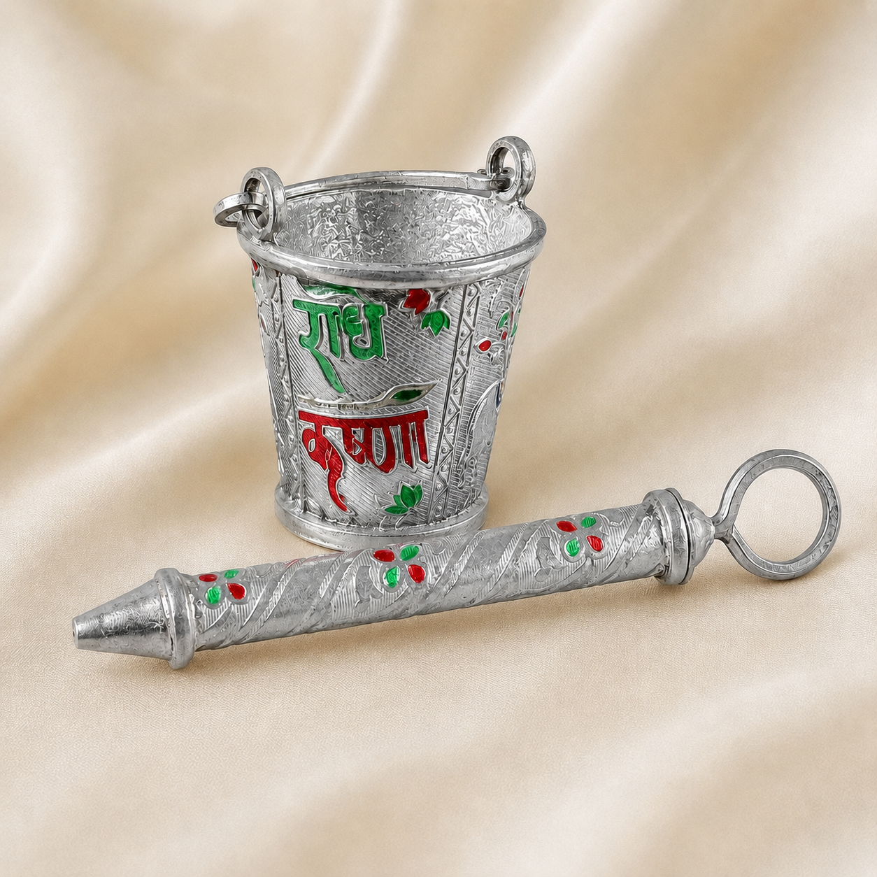 Silver Balti Pichkari set with Radha Krishna enamel work front view