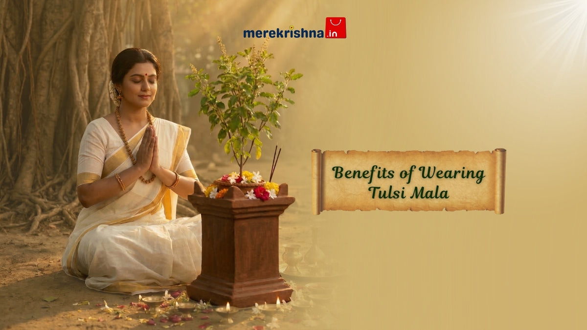 Benefits of wearing Tulsi Mala with Tulsi plant and traditional prayer setting