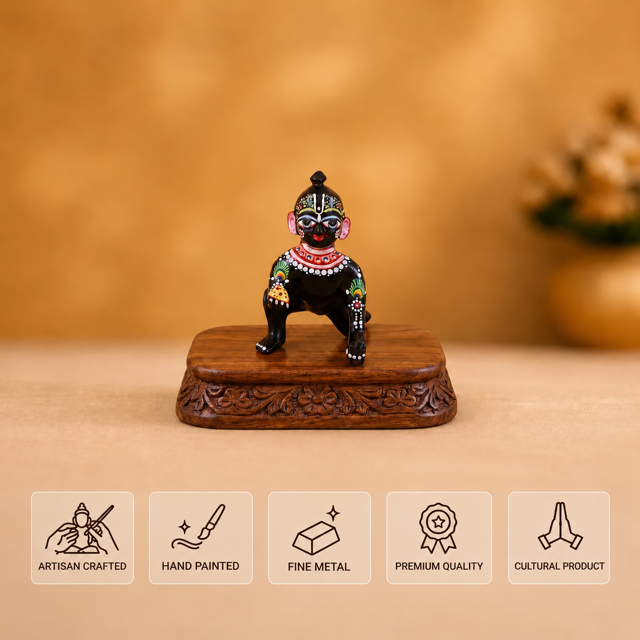 Black Laddu Gopal photo it's showing features like hand painted, fine metal, premium quality etcetra.