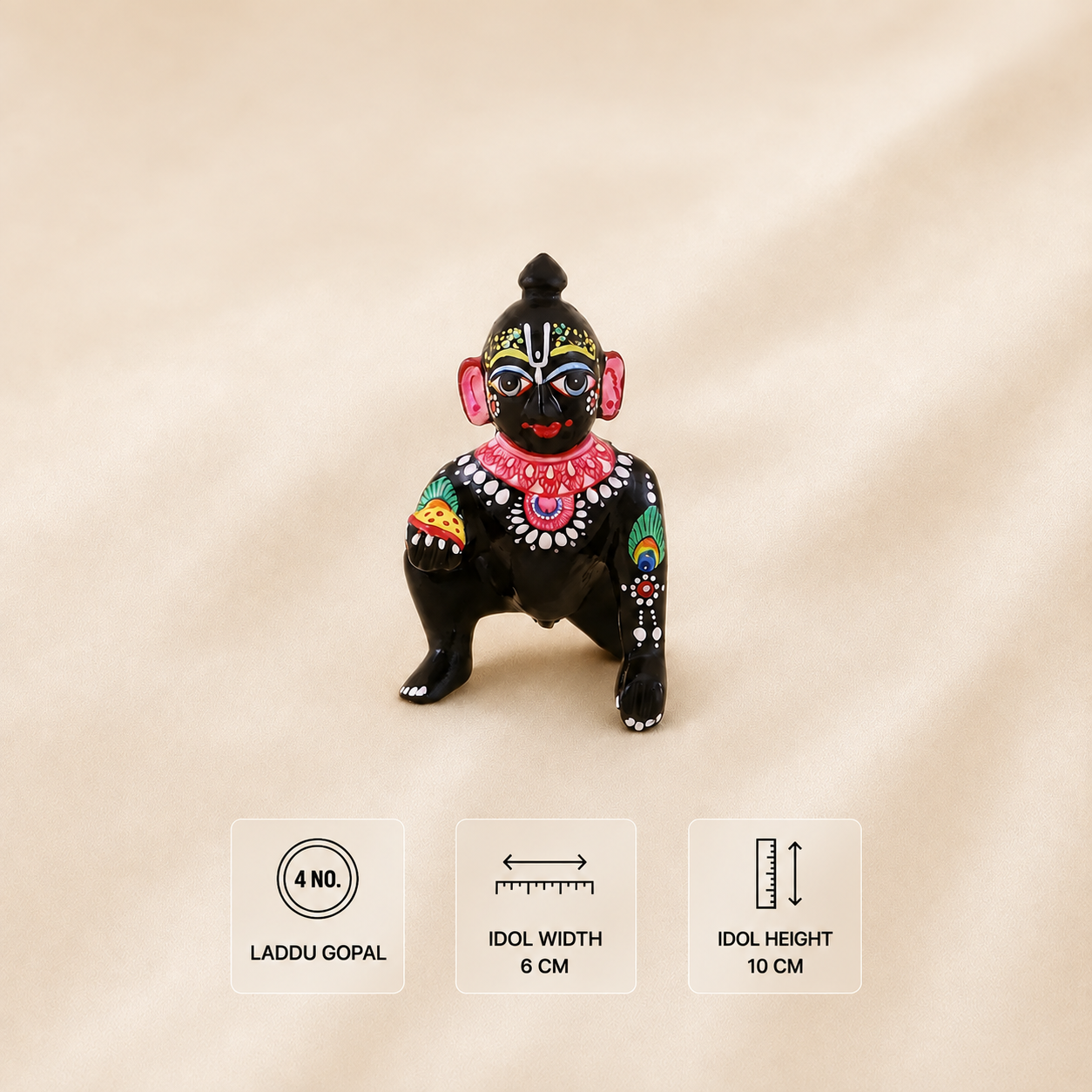 Hand-painted black Ashtadhatu Laddu Gopal idol measuring 10 cm high and 6 cm wide