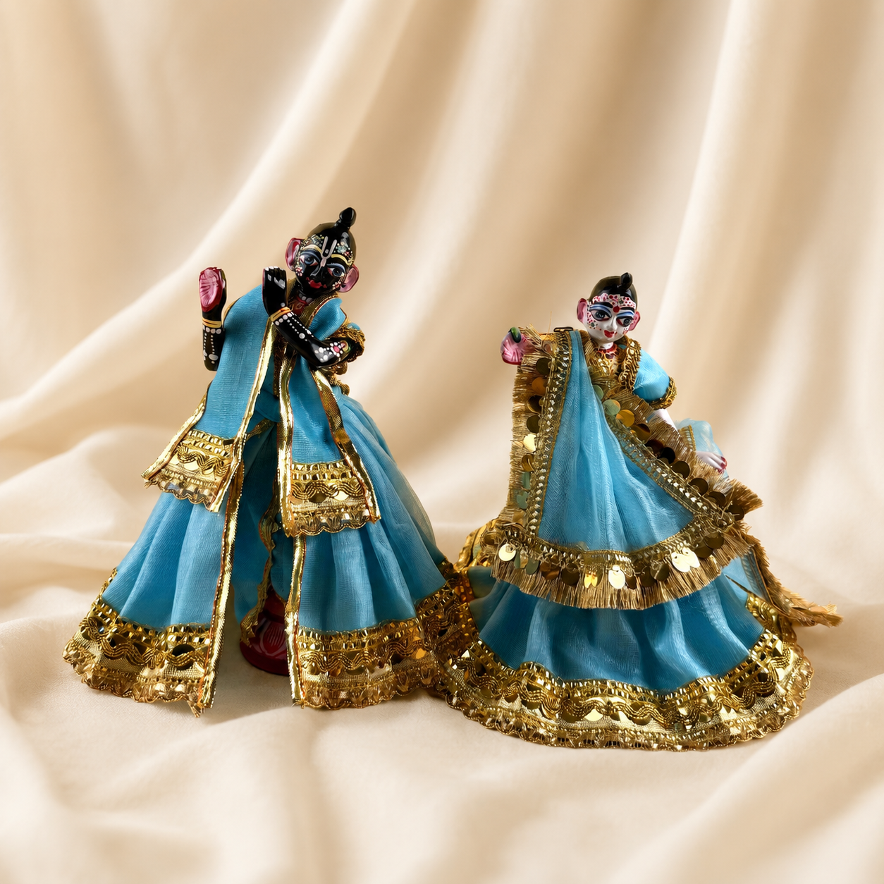 Designer Radha Krishna Poshak in blue silk dress alternate front product view