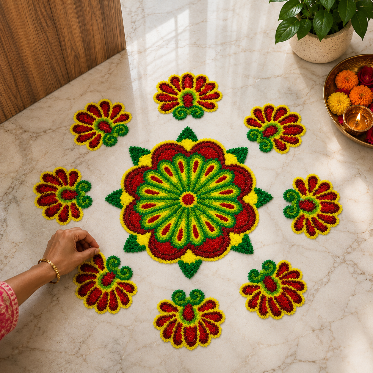 Designer Handmade Reusable Floral Floor Rangoli Mat main floor arrangement with diyas
