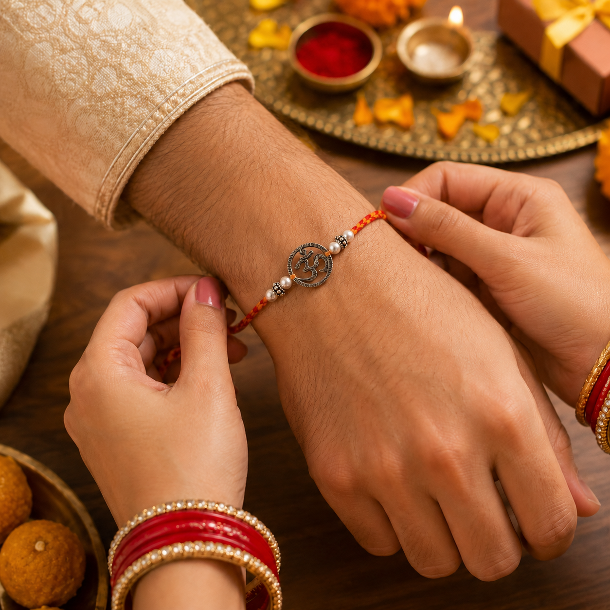 Chandi Om Rakhi with silver charm and red-yellow thread being tied on a wrist
