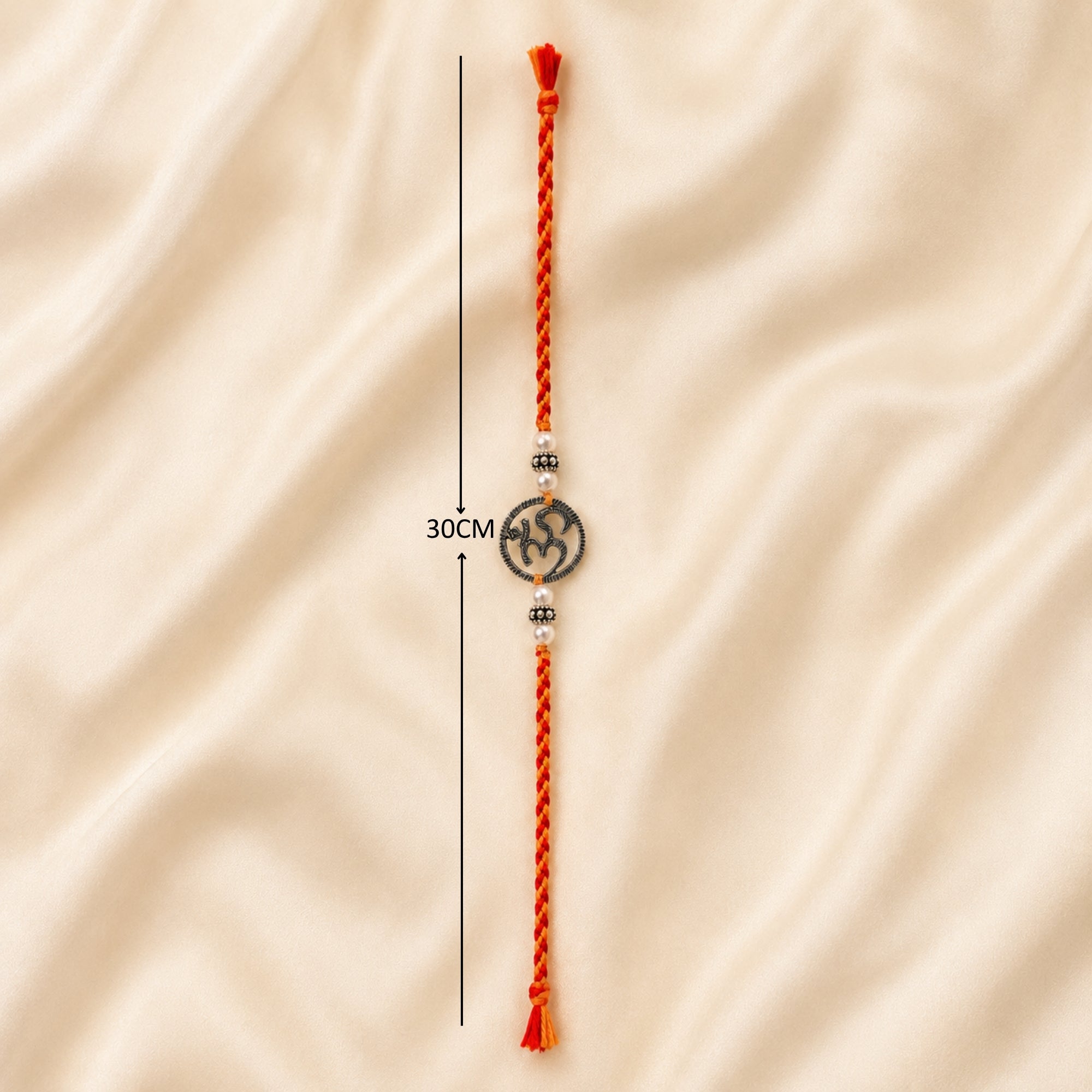 chandi pure silver circular om rakhi red yellow thread