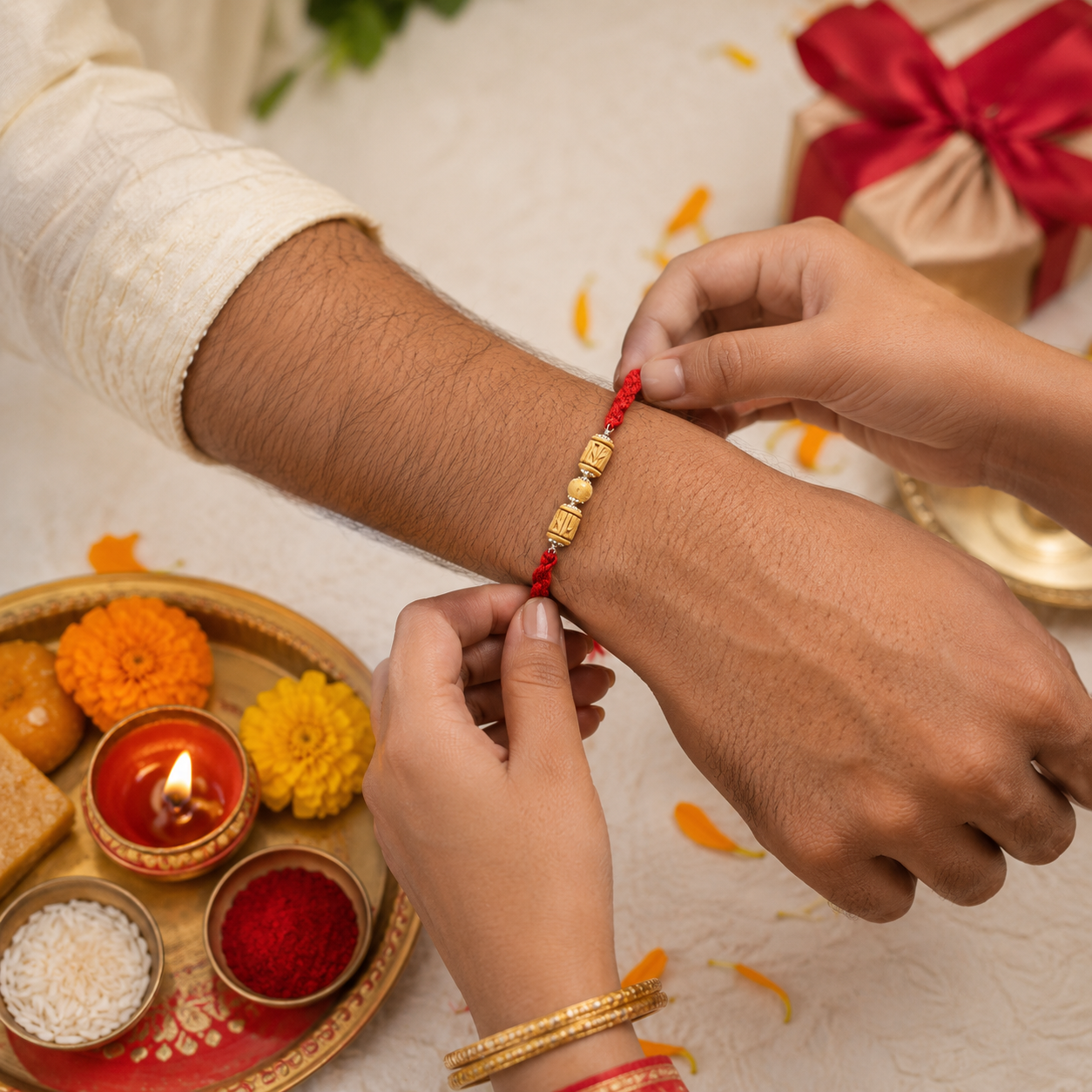 Premium Pure Silver Original Tulsi Rakhi tied on brother wrist during Raksha Bandhan ritual
