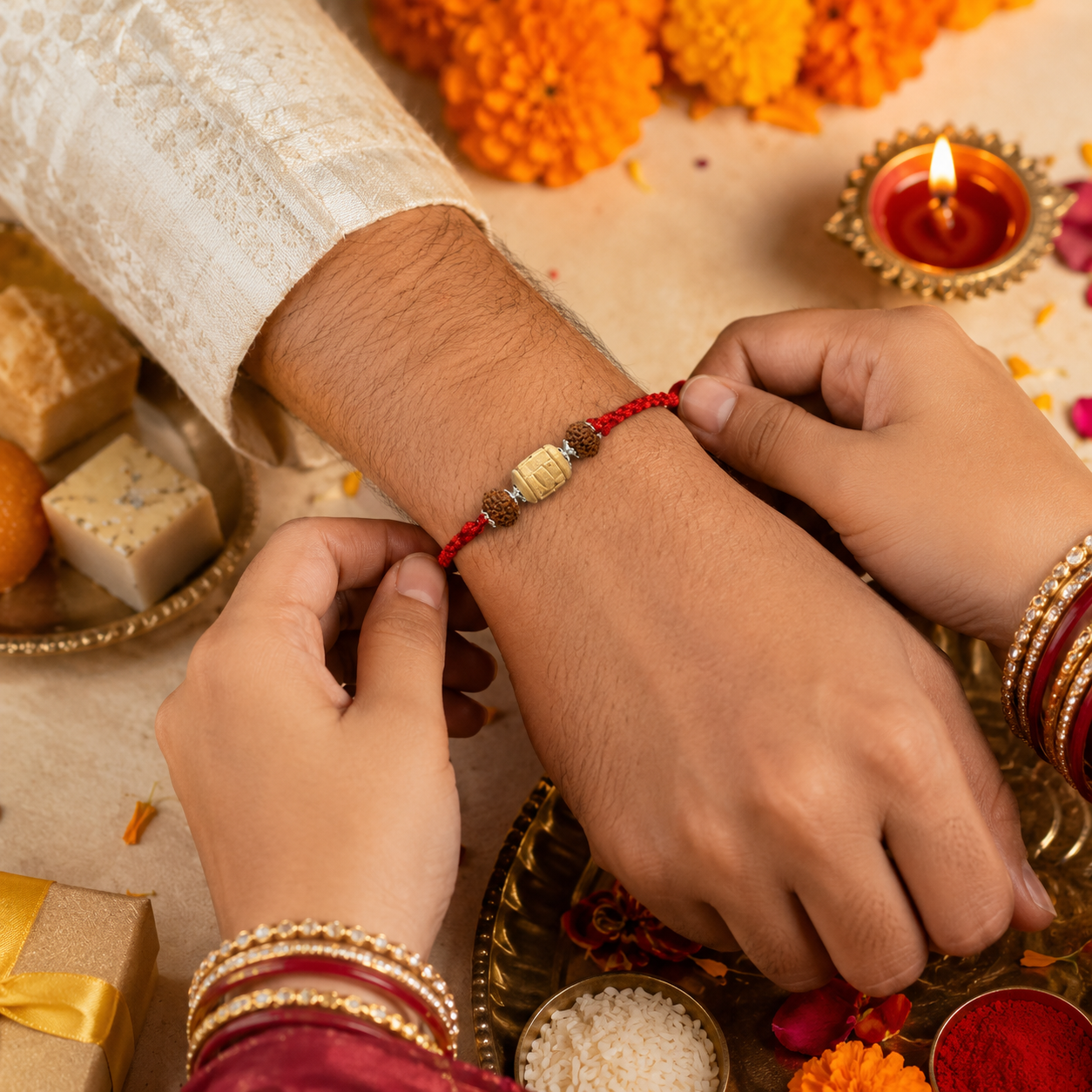 Premium Pure Silver Tulsi Rudraksha Rakhi tied on brother's wrist during Raksha Bandhan ritual