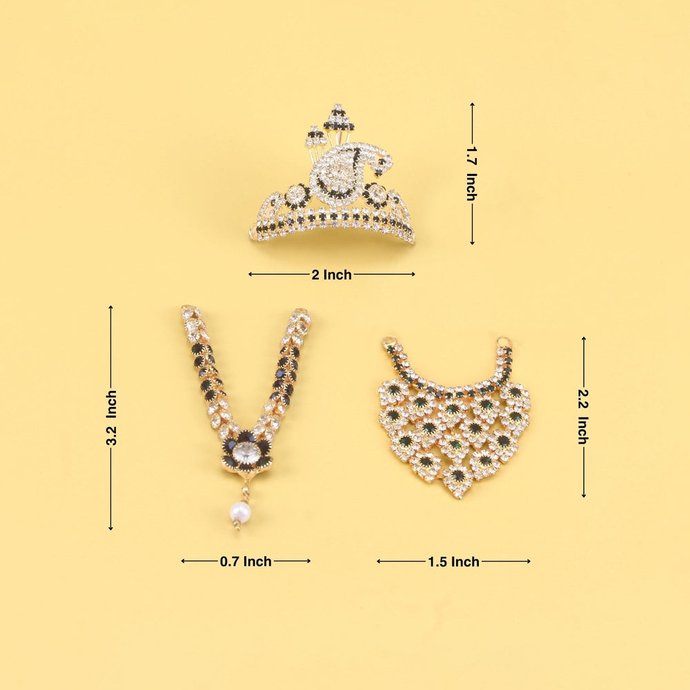 Laddu Gopal Green Stone Studded Mala, Mukut and Necklace Set