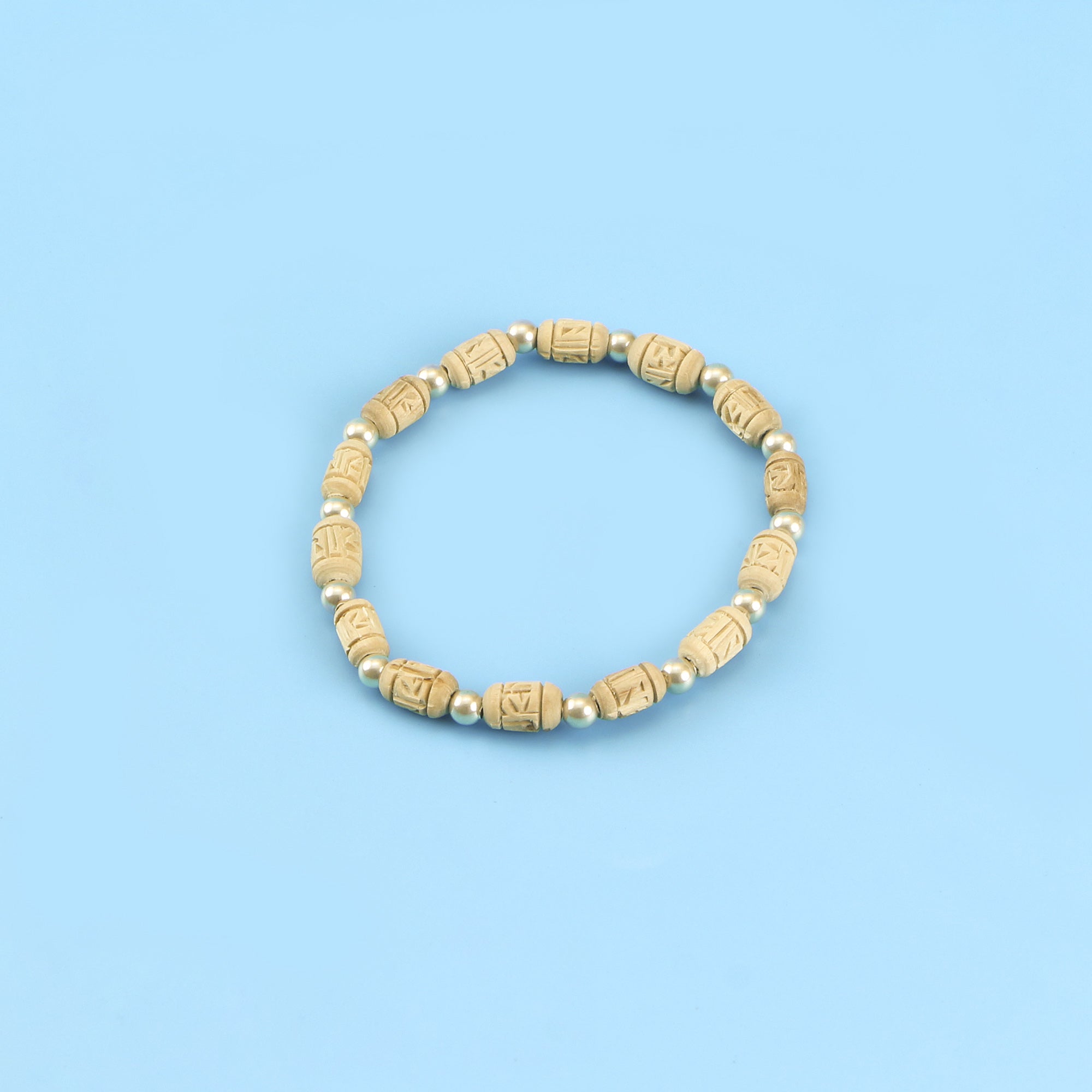 Handcrafted Silver Tulsi Bracelet – Carved Tulsi Beads & Sterling 925 Pure Silver Beads