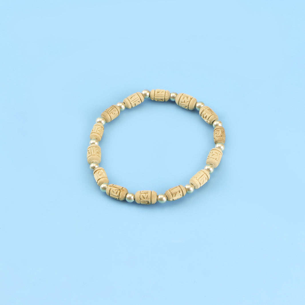Handcrafted Silver Tulsi Bracelet – Carved Tulsi Beads & Sterling 925 Pure Silver Beads